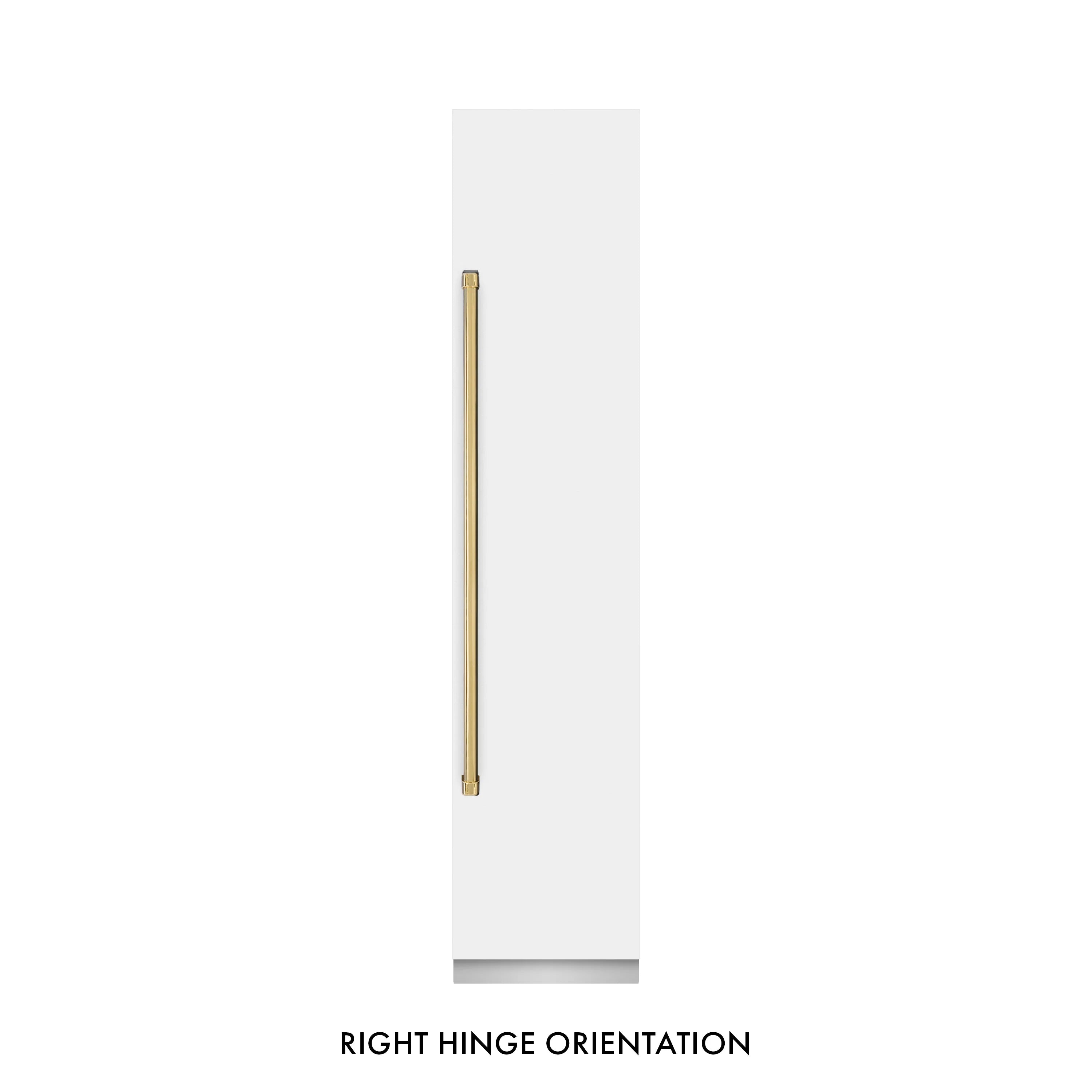 Right hinge orientation: polished gold handle bar on white matte panel