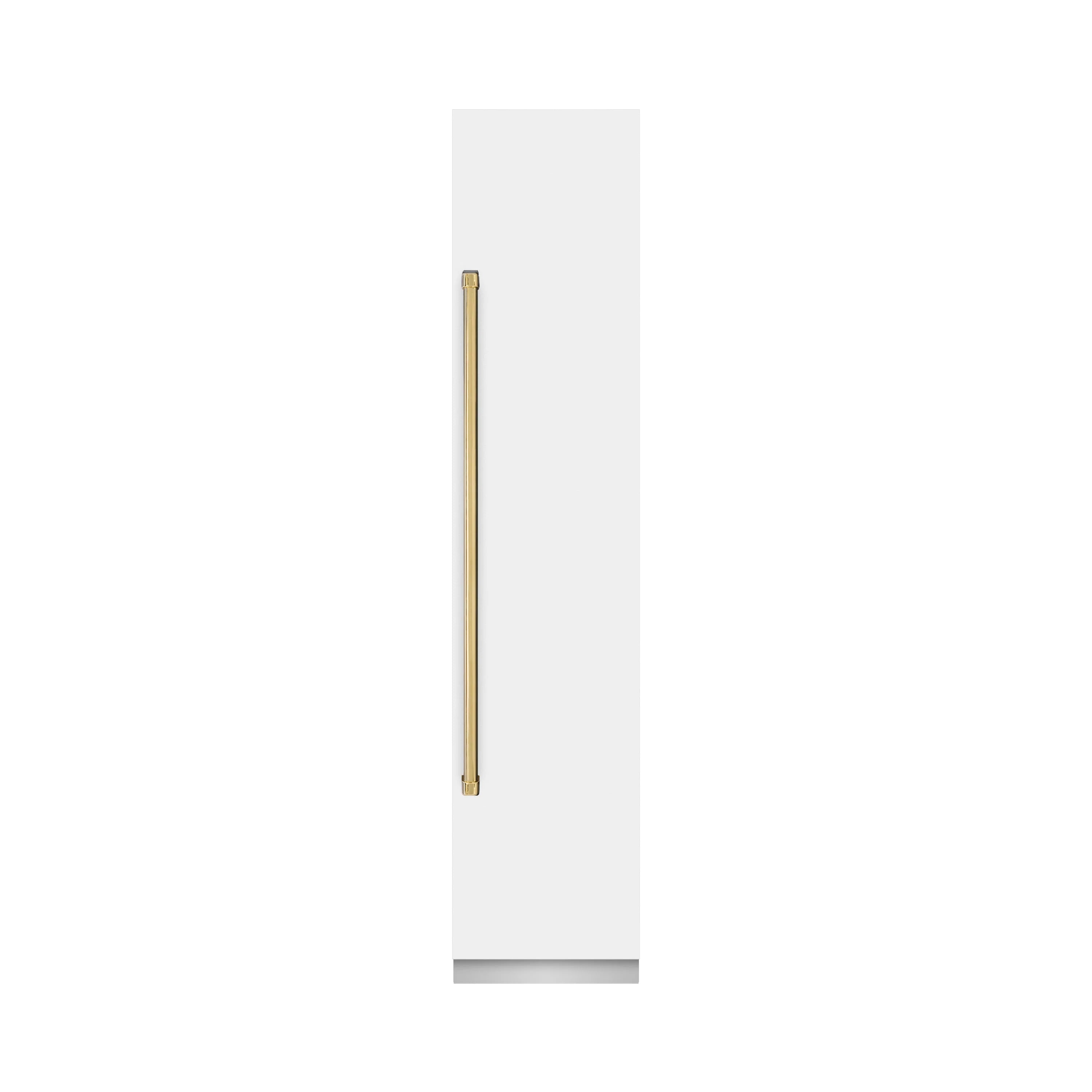 Polished gold right-hinge handle bar on white matte freezer door panel