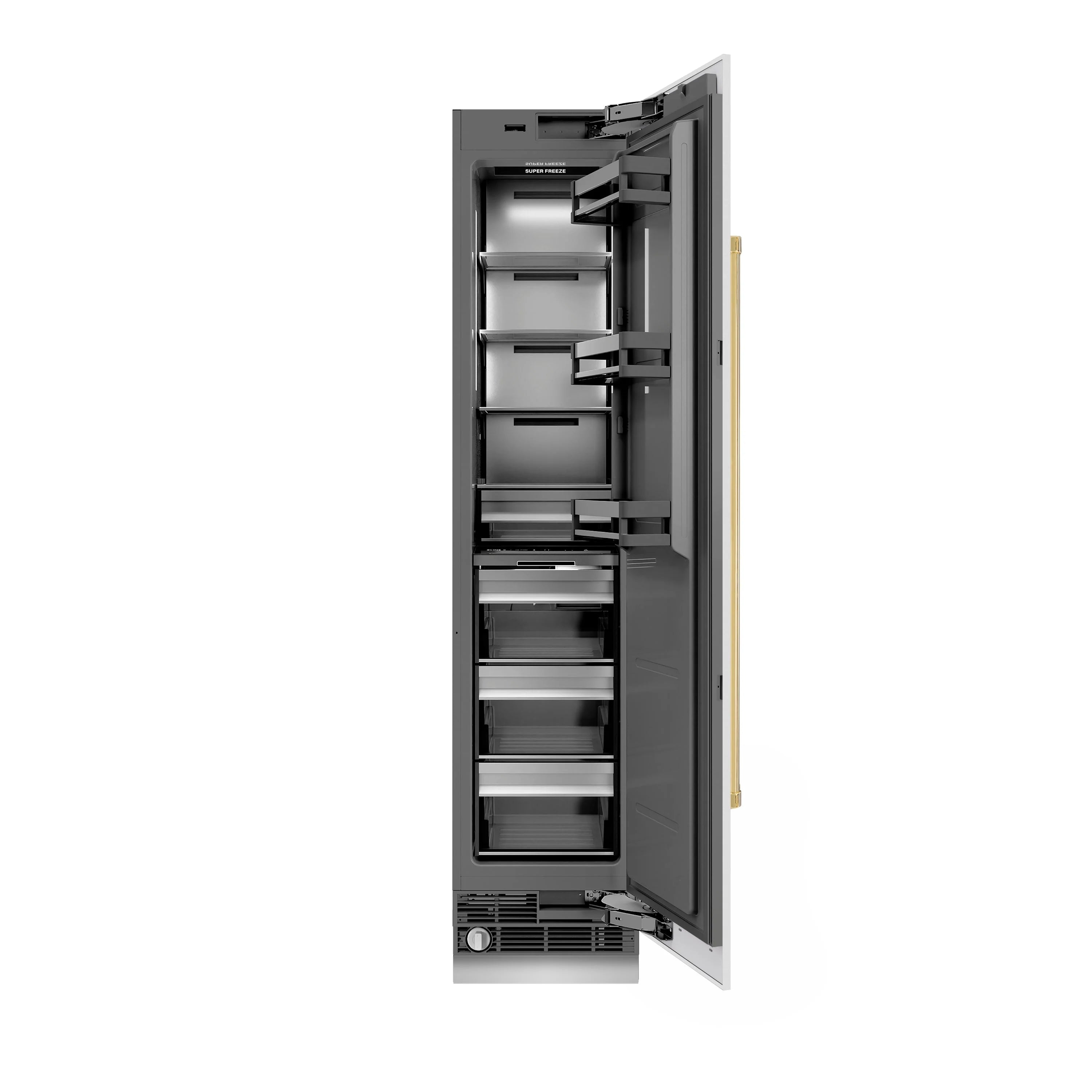 Right hinge column freezer open with multiple shelves and storage bins, graphite interior