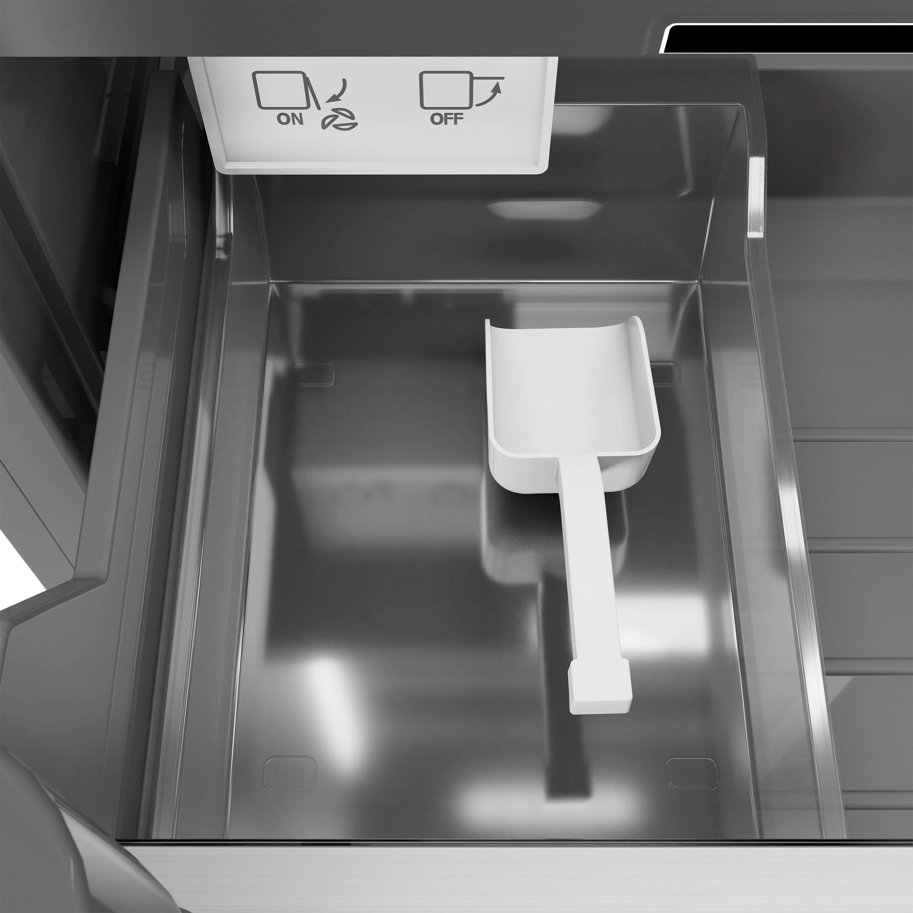 White matte column freezer with graphite interior and white ice scoop in place
