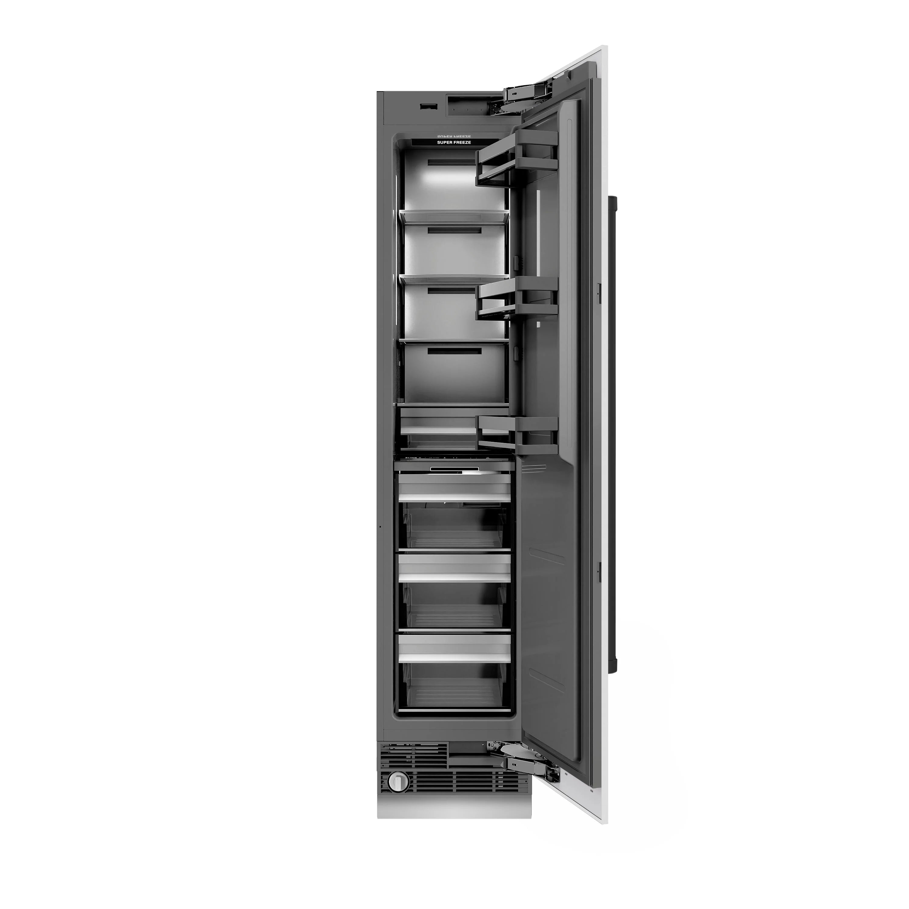 White matte column freezer open door with graphite interior shelves and storage bins