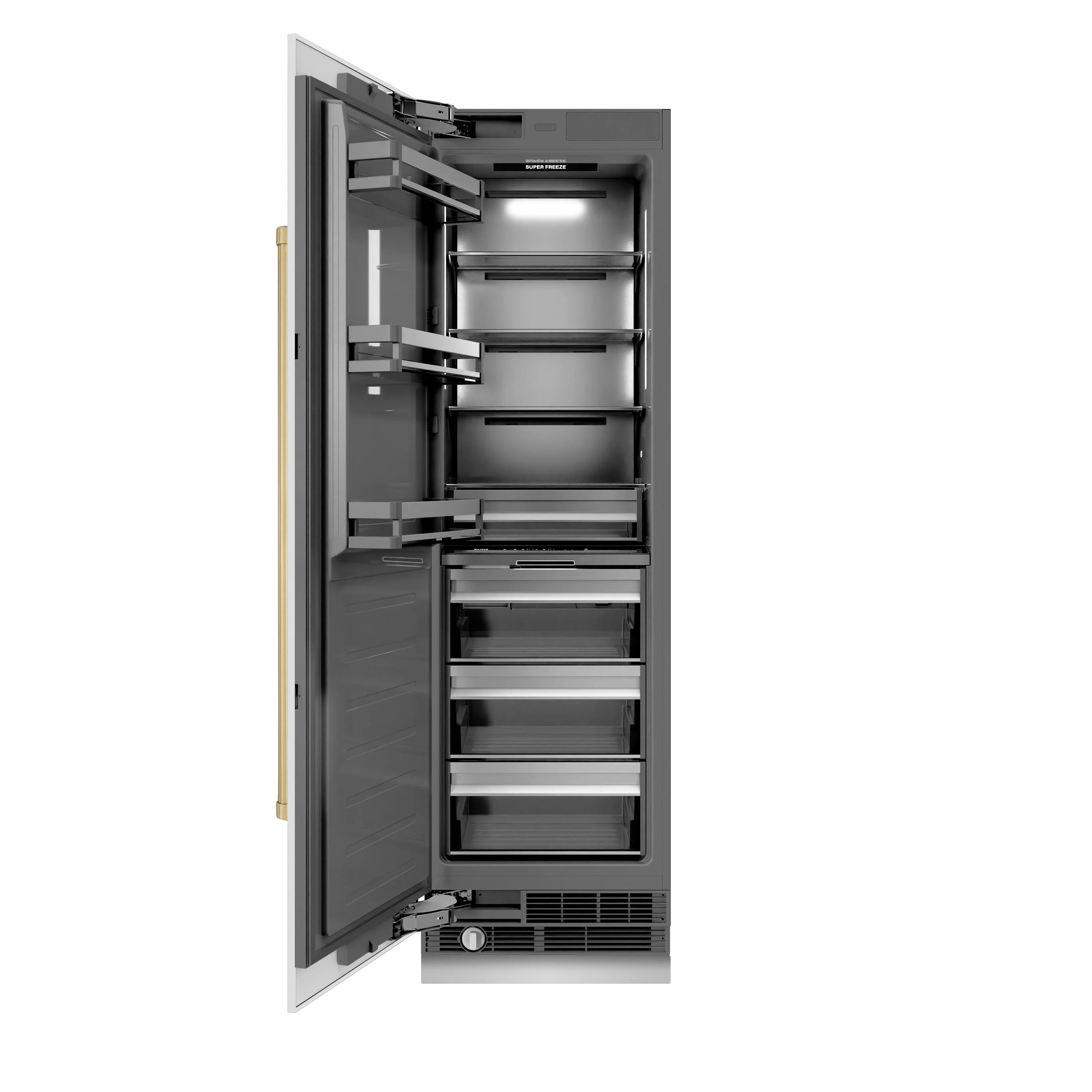 Open column freezer with gray interior shelves and champagne bronze door handle