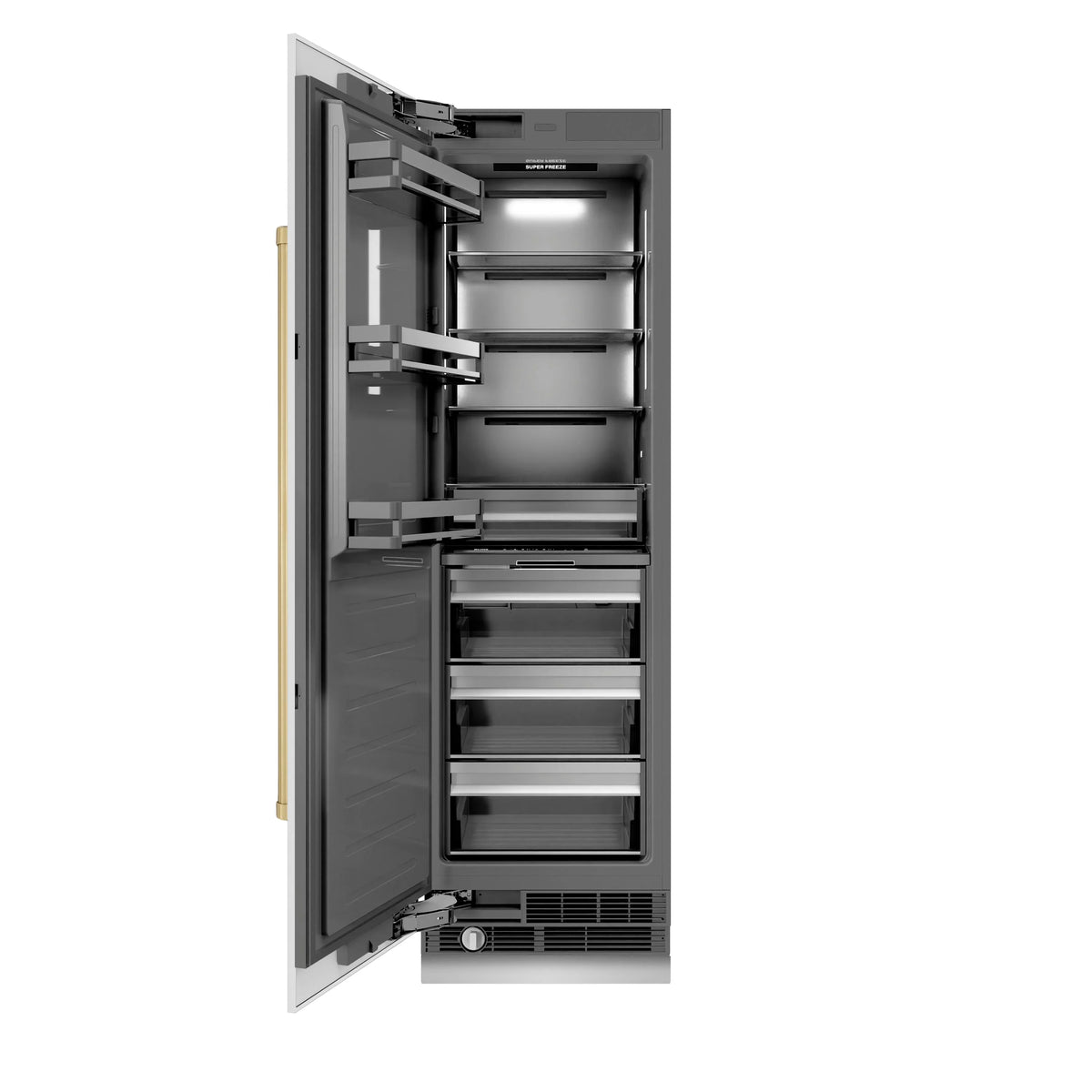 Refrigerator/freezer column with open door showing shelves and drawer bins