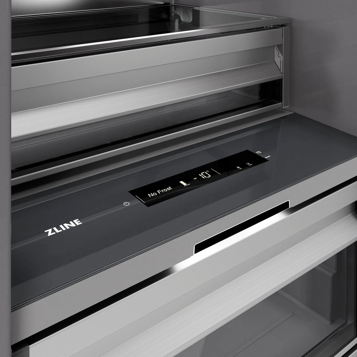 Freezer control panel with No Frost display and ZLINE branding on front