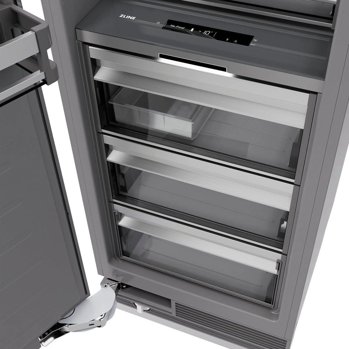 Open column freezer with lit shelves and pull-out drawers; graphite interior and black control bar