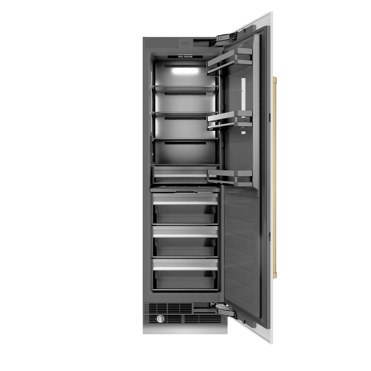Open column refrigerator with multiple glass shelves and champagne bronze side handle