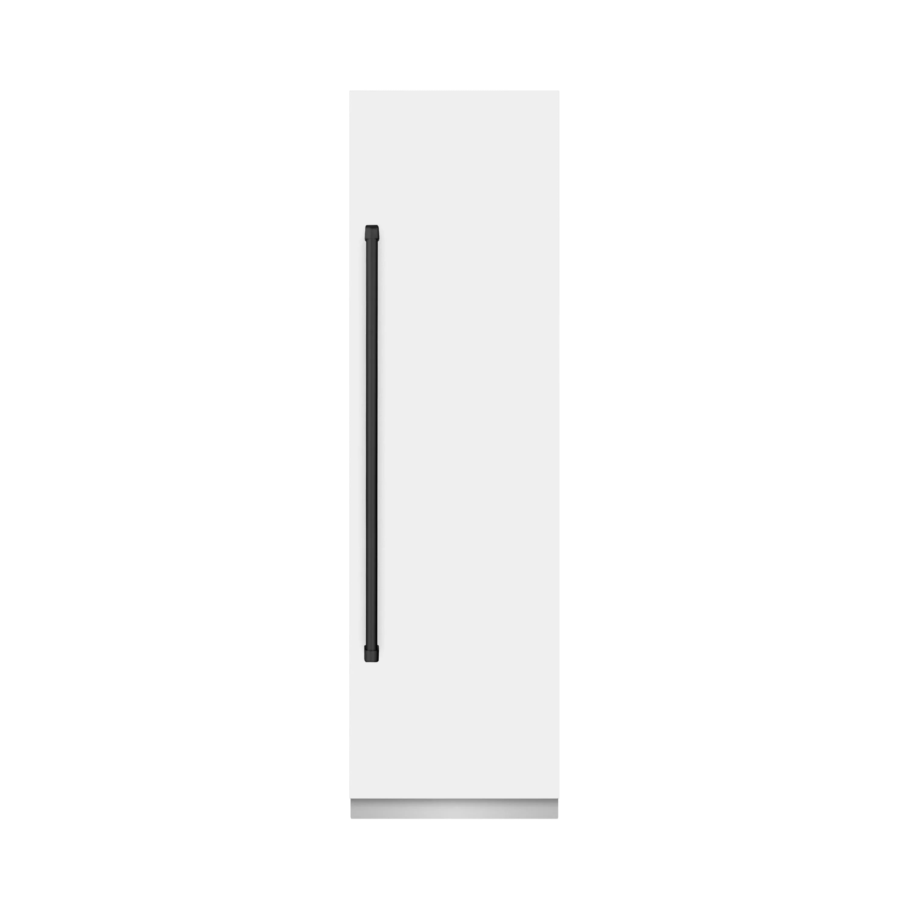 White matte refrigerator with slim vertical handle and matte black accent, side view