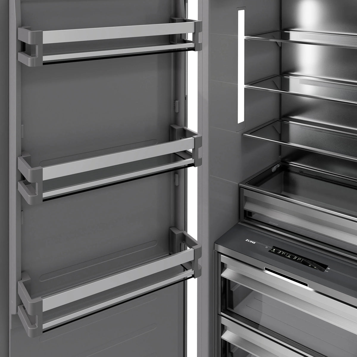 White matte column refrigerator with gray interior shelves and open door