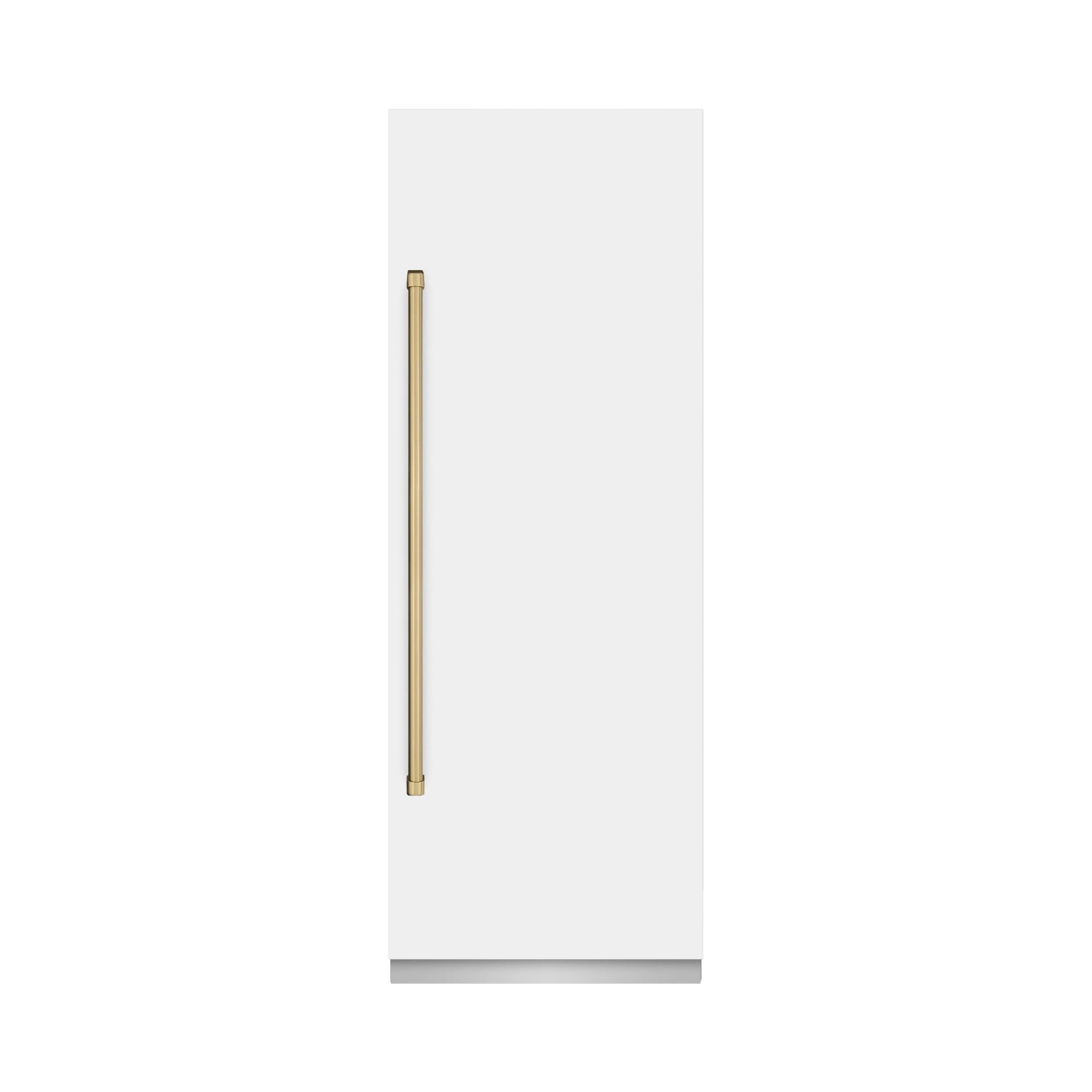 White matte refrigerator door with champagne bronze vertical handle in side view