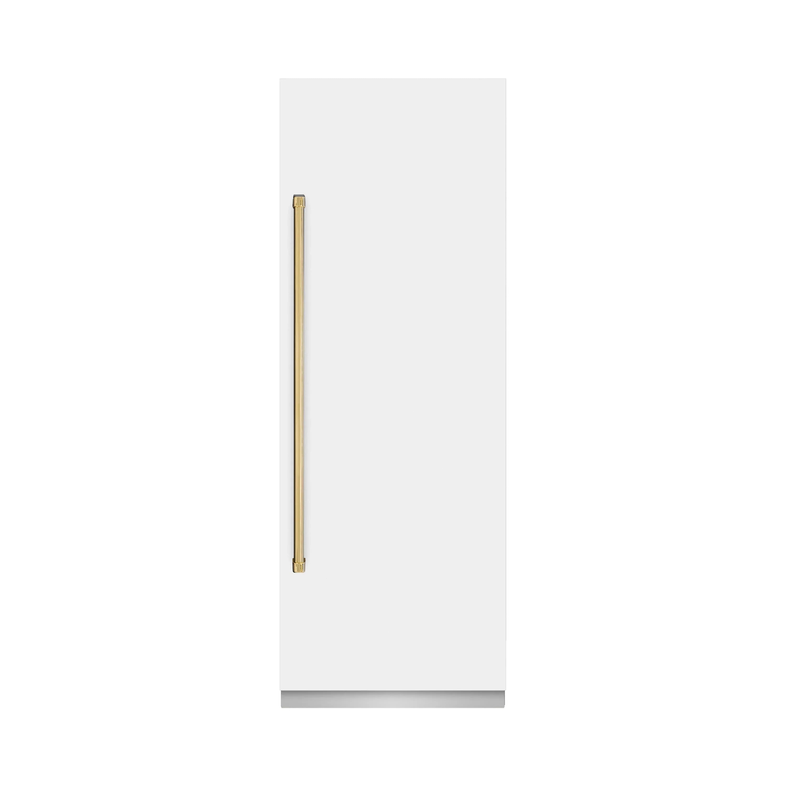 White matte refrigerator door with tall gold accent handle.