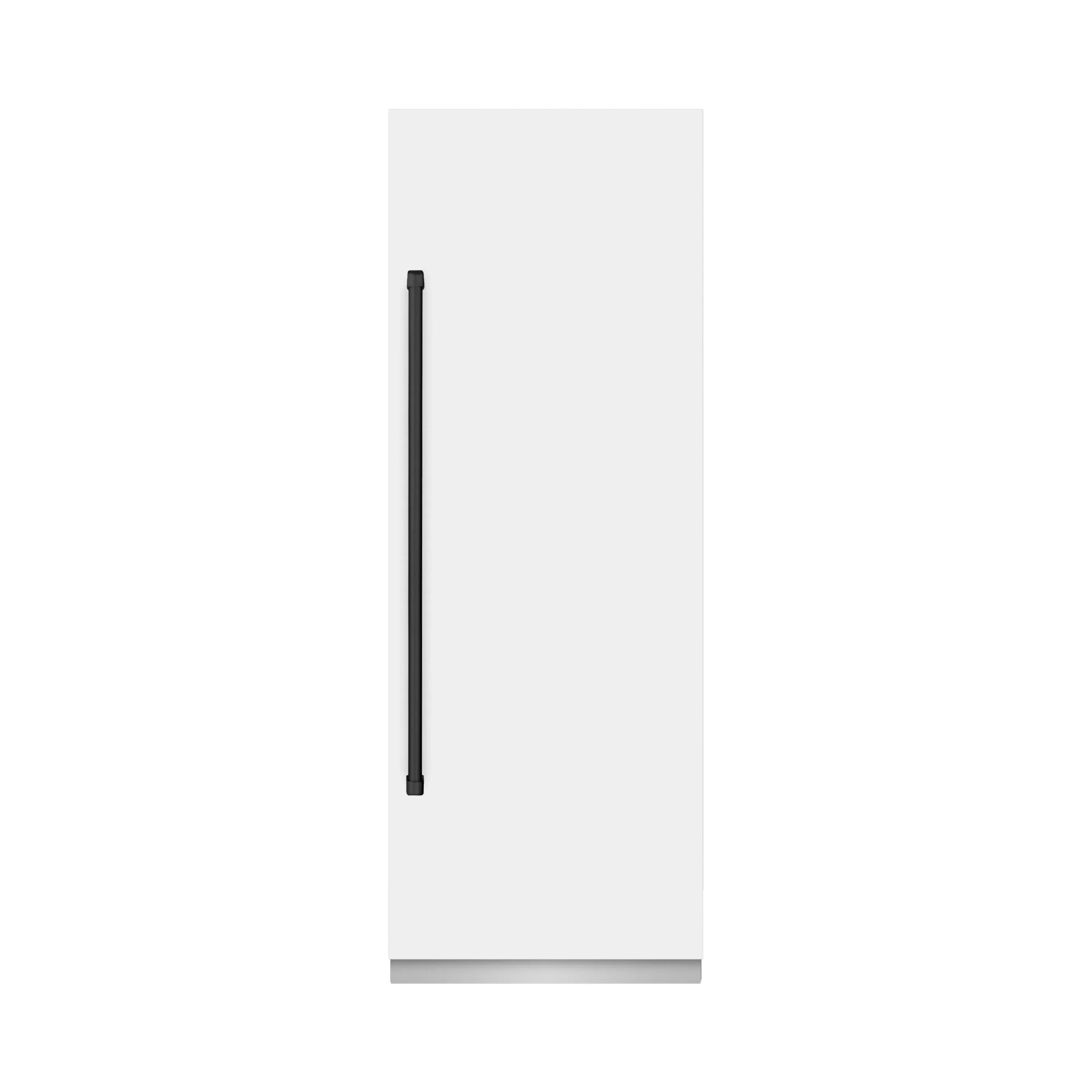 White matte refrigerator/freezer door with matte black vertical handle
