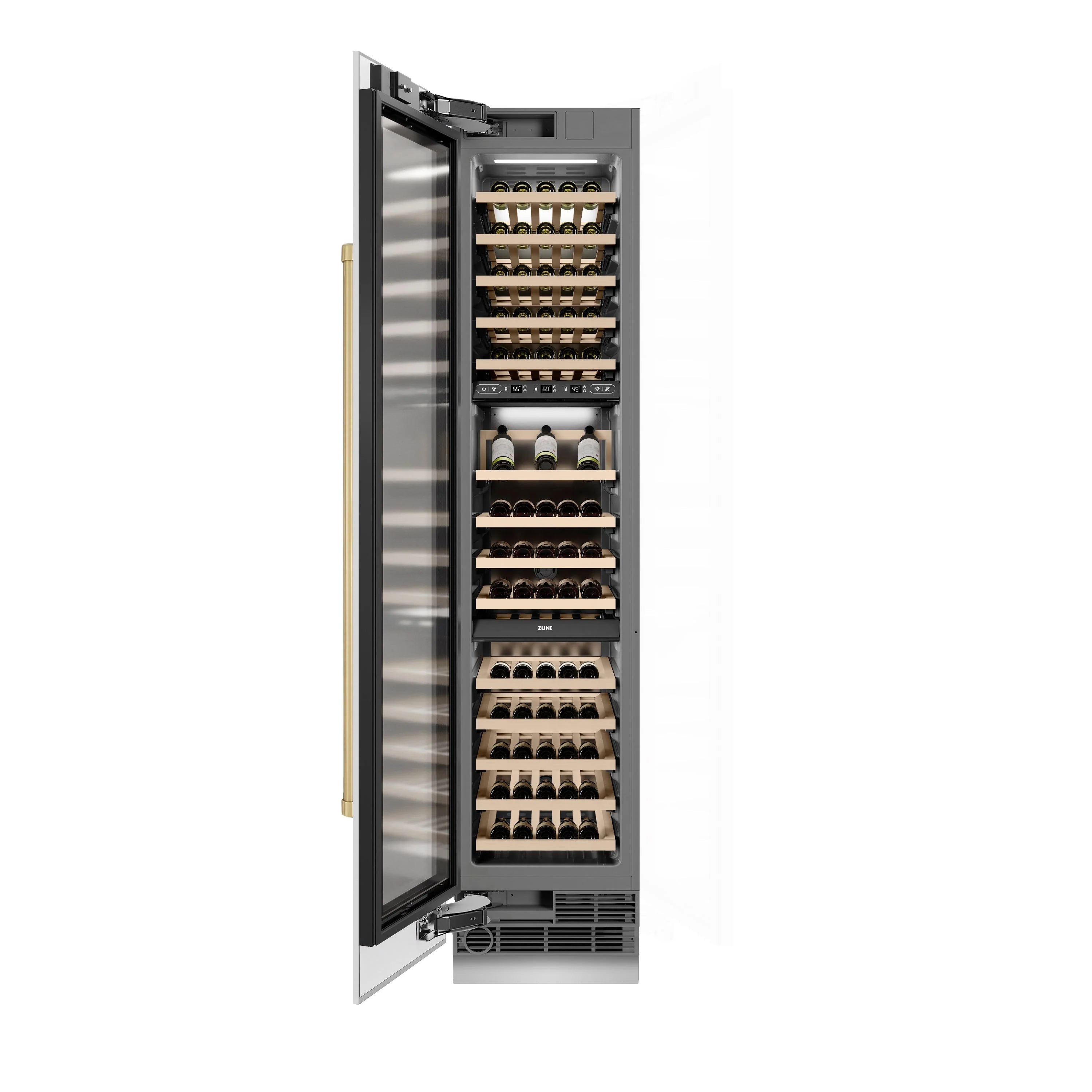 Built-in wine cooler door open with bottle racks, white matte body and bronze trim