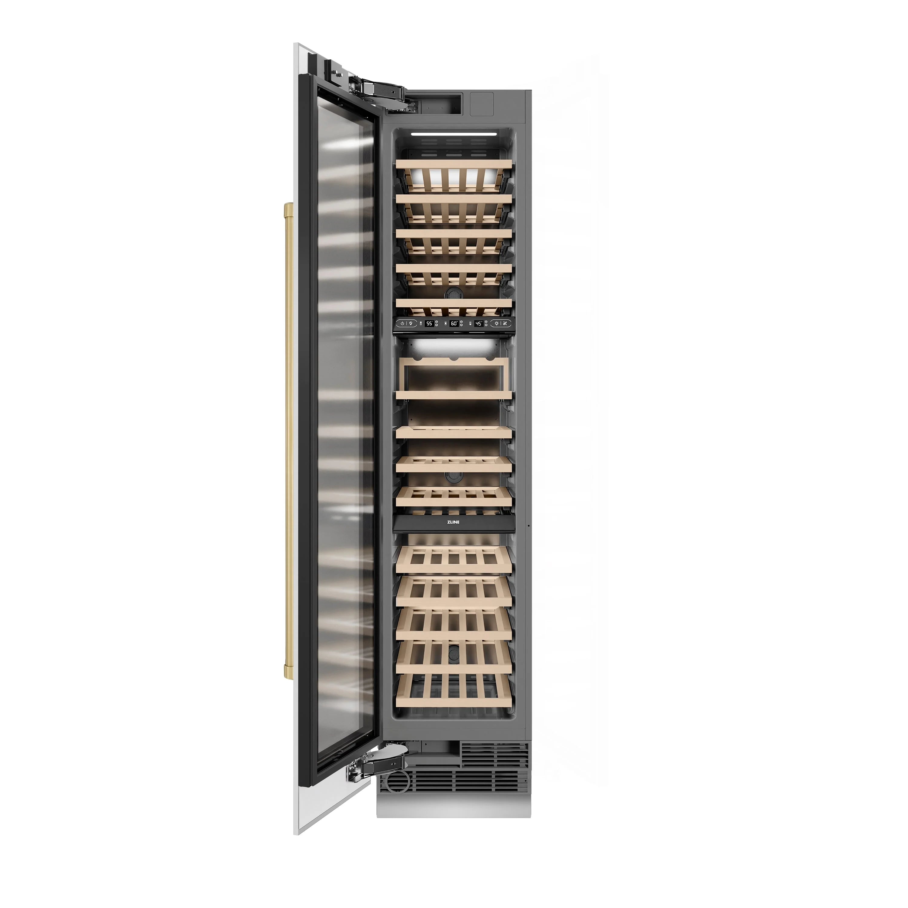 Wine cooler shown open from side view, with champagne bronze handle and wooden racks