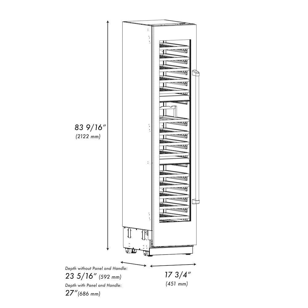 Wine cooler dimension diagram with measurements and open door interior view