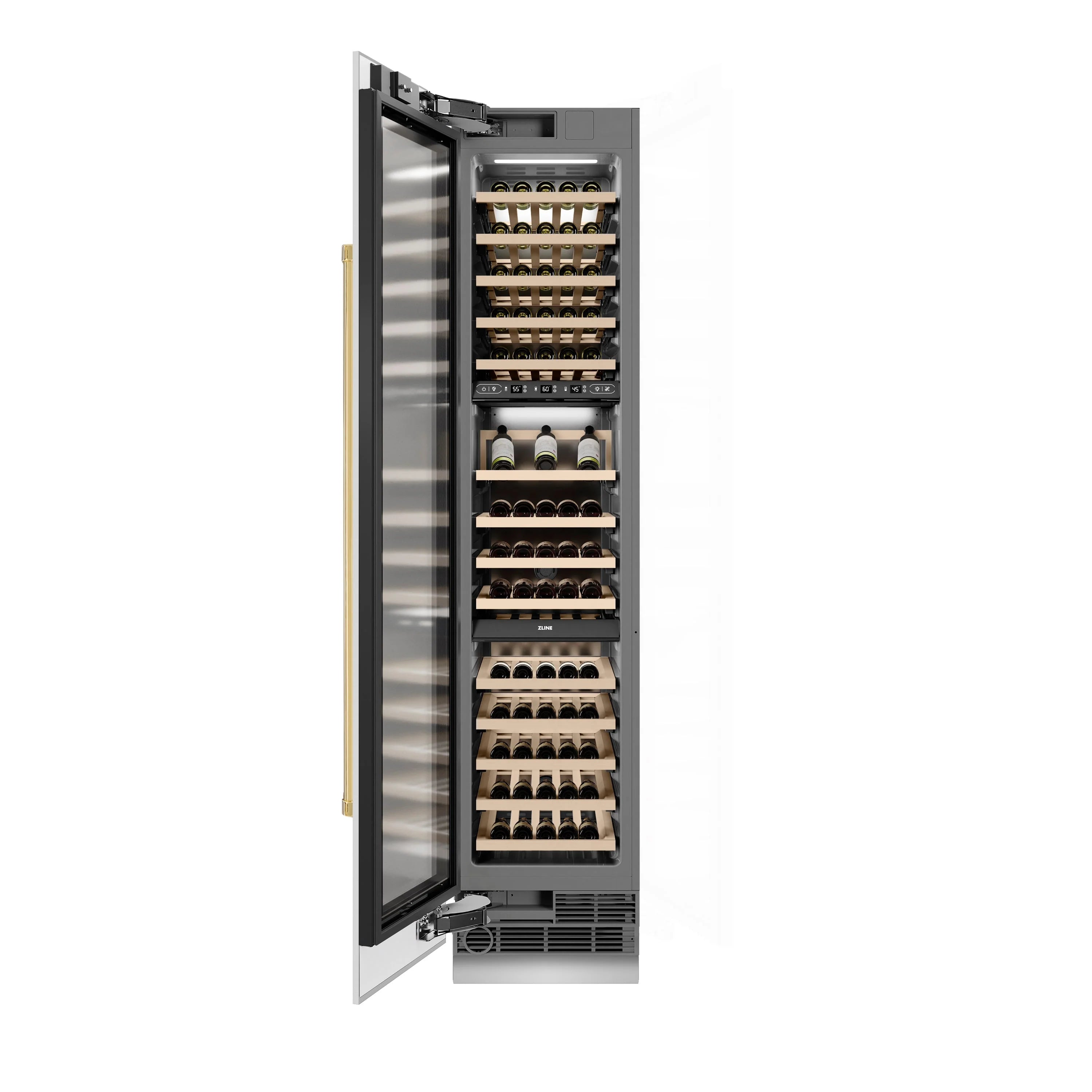 Left-hinged wine cooler door open, showing interior racks and gold accent handle