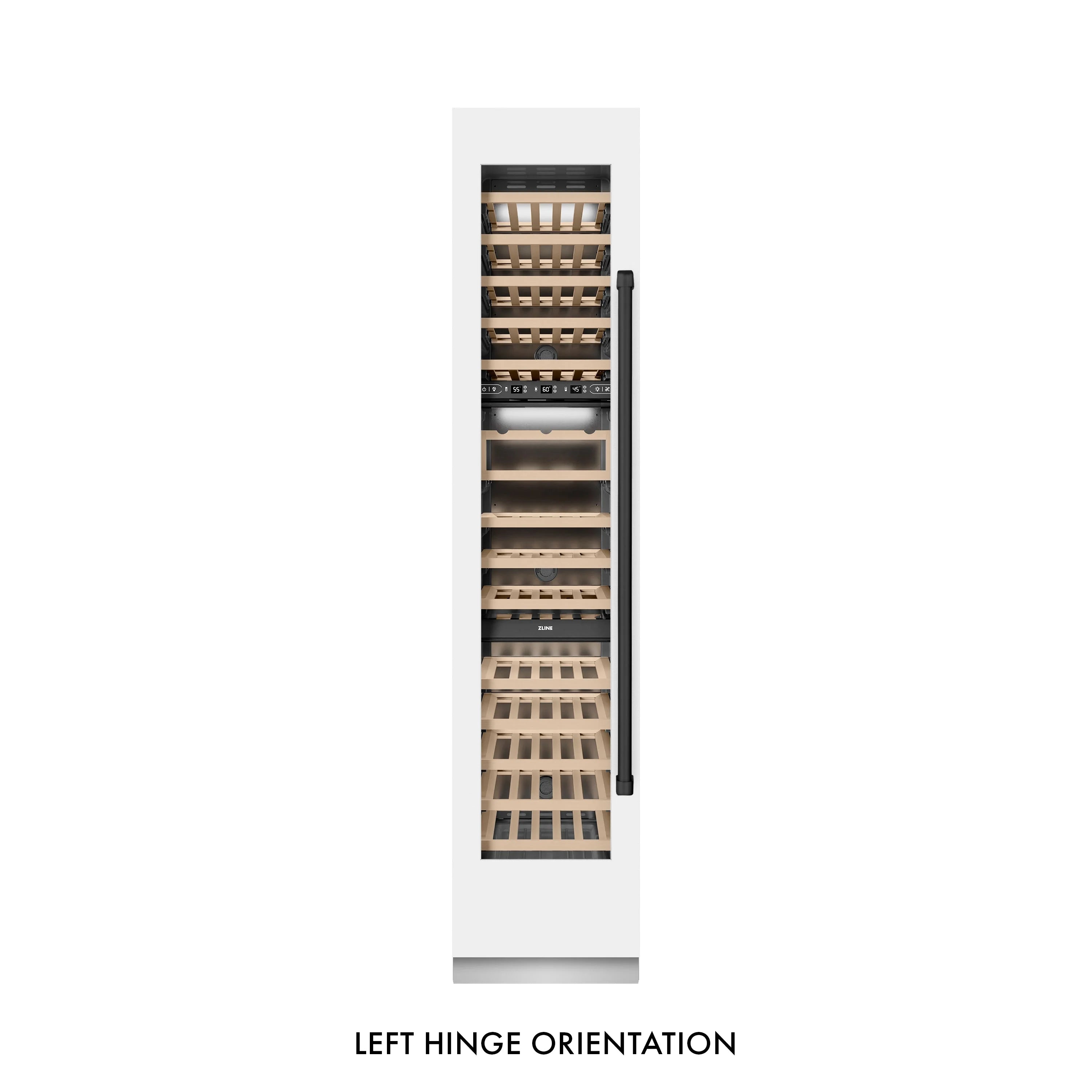 Wine cooler front view showing left hinge orientation, glass door, and black handle
