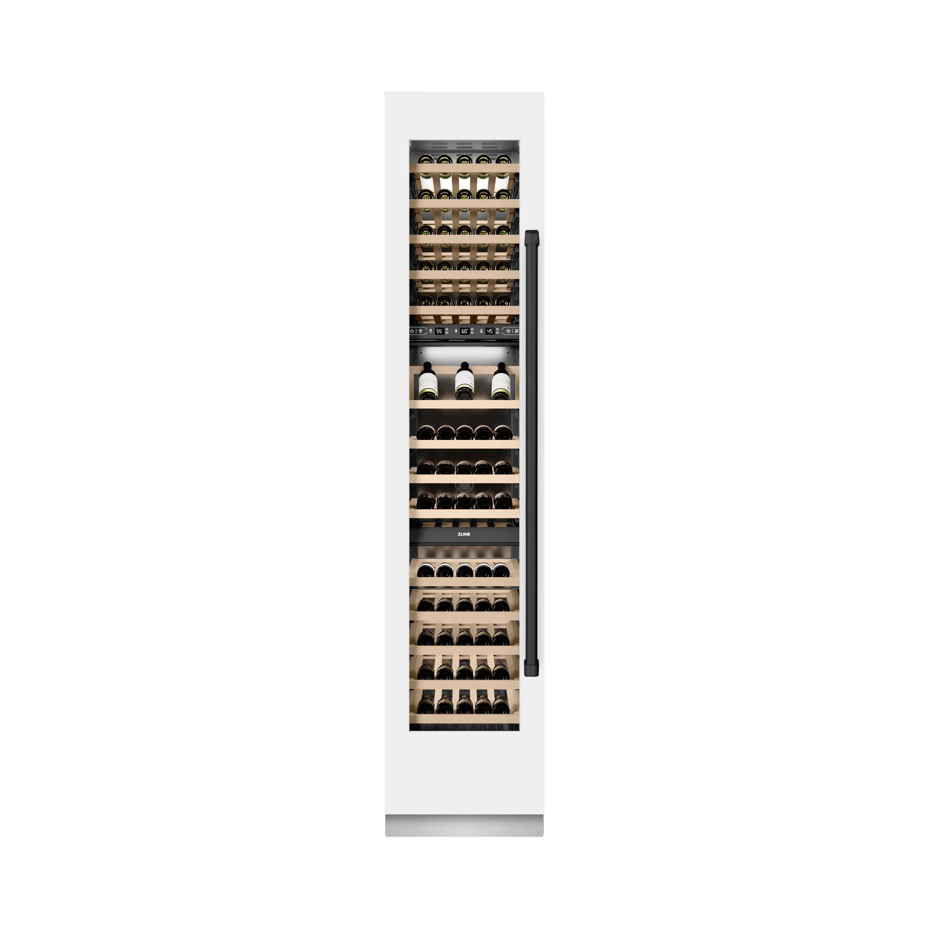 Wine cooler front view with glass door and black handle, bottles on wooden shelves
