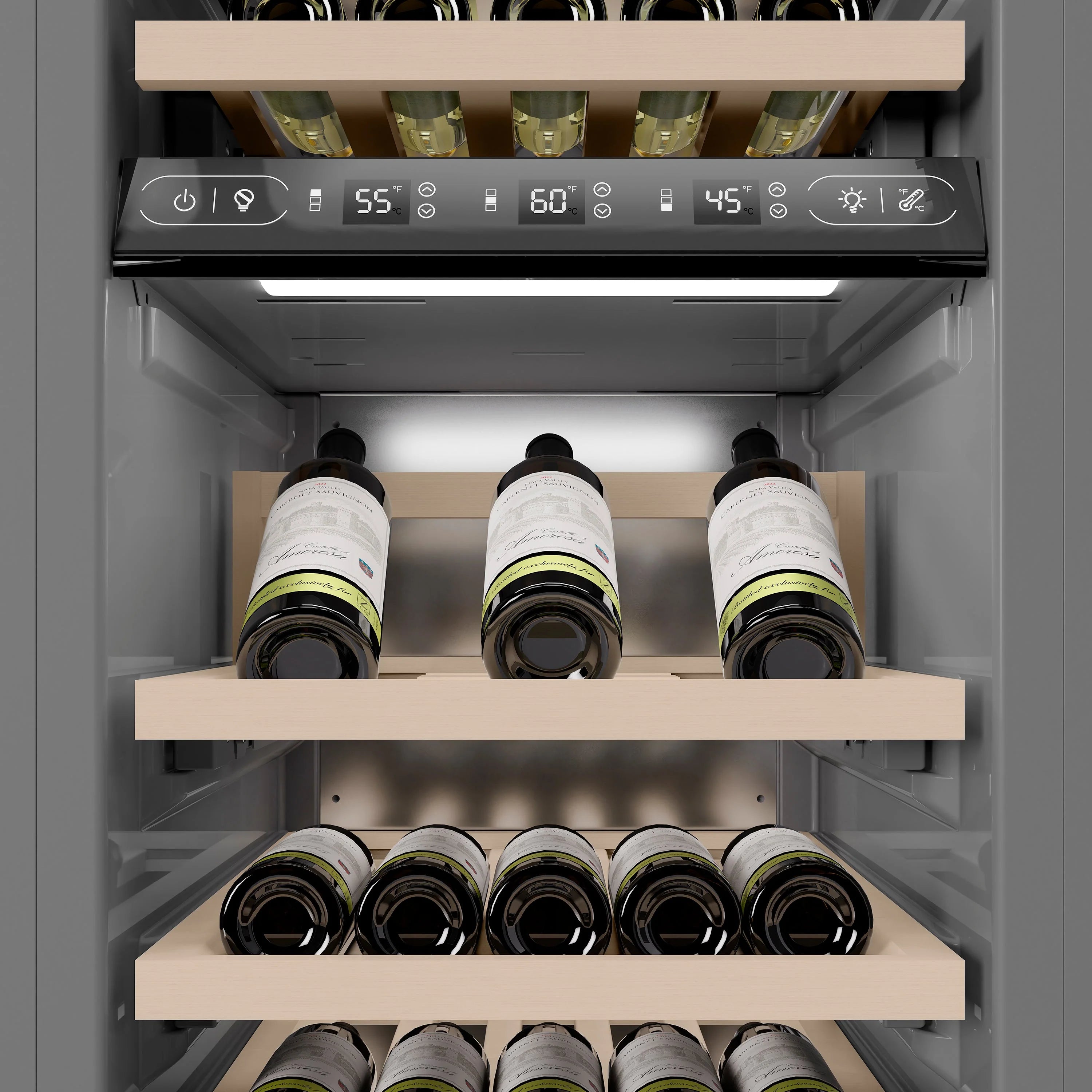 Wine cooler interior with three wooden shelves, bottles, and a lit control panel