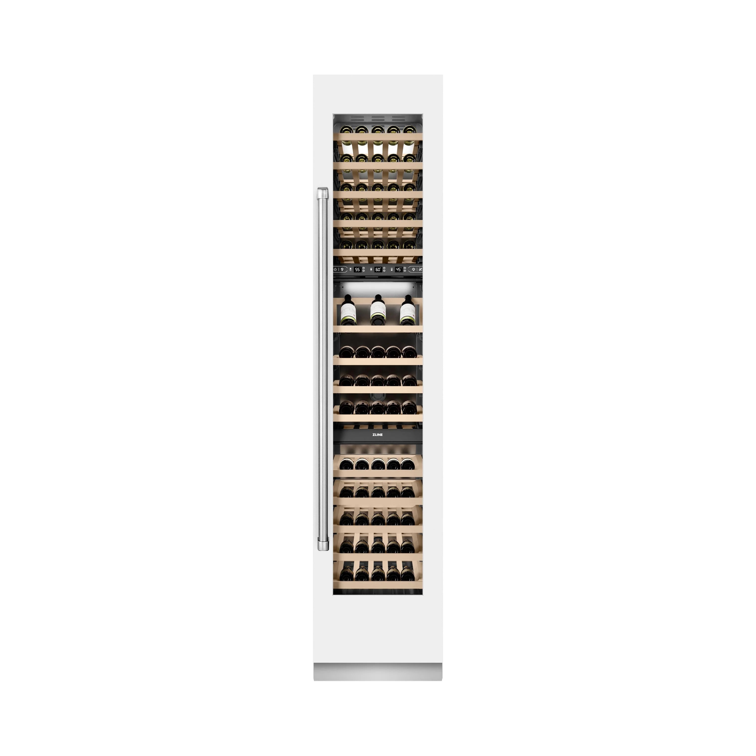 White wine cooler with door open, wooden racks filled with wine bottles