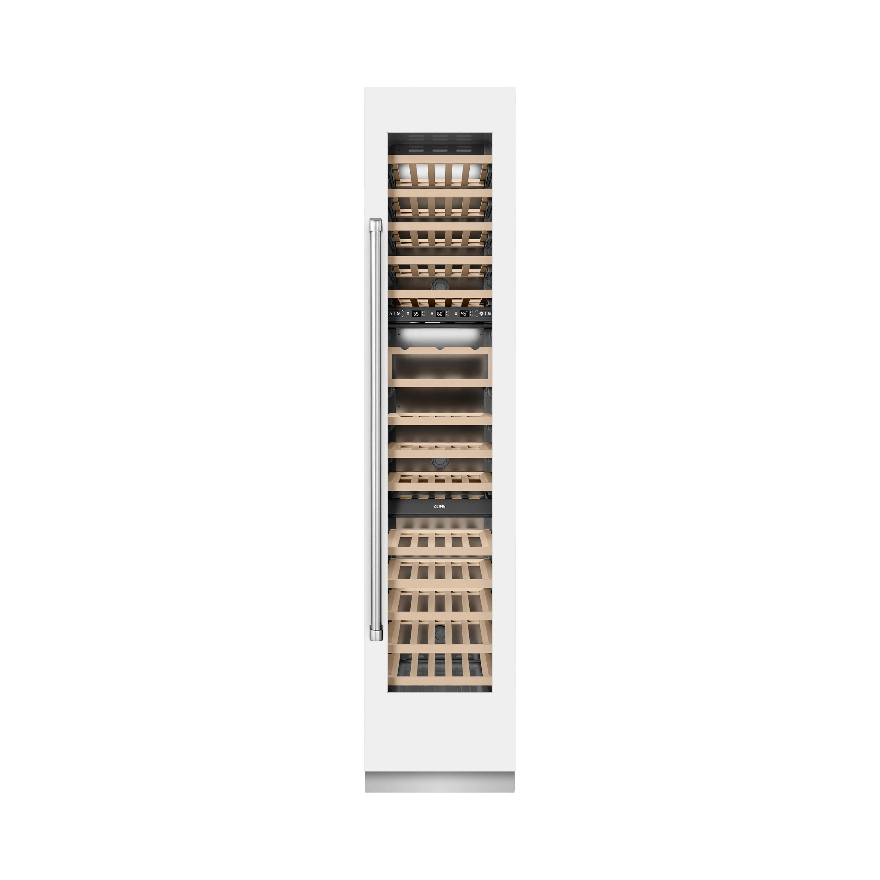 White wine cooler with door open, showing stacked wooden bottle racks