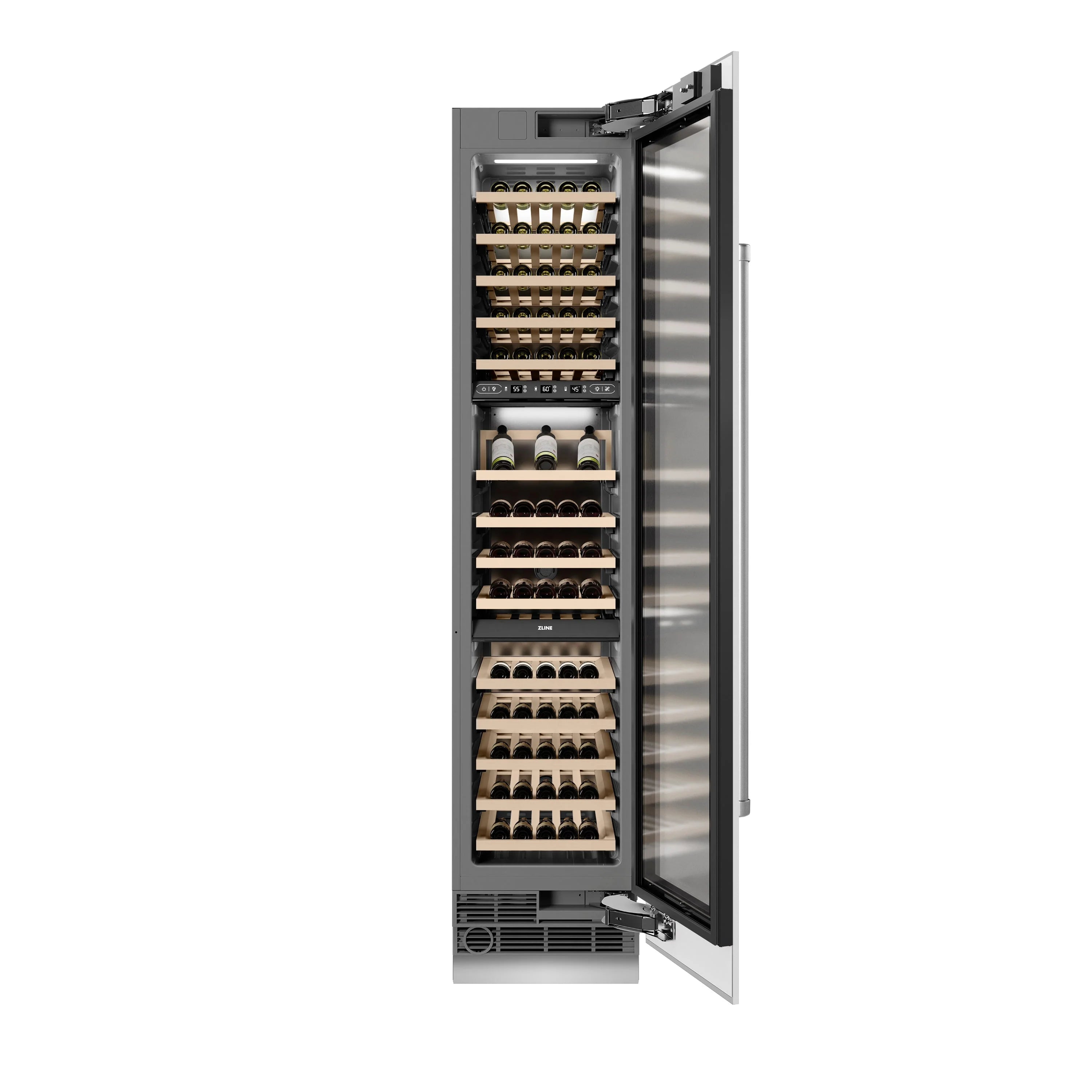 Stainless wine cooler with door open, interior wooden racks with bottles