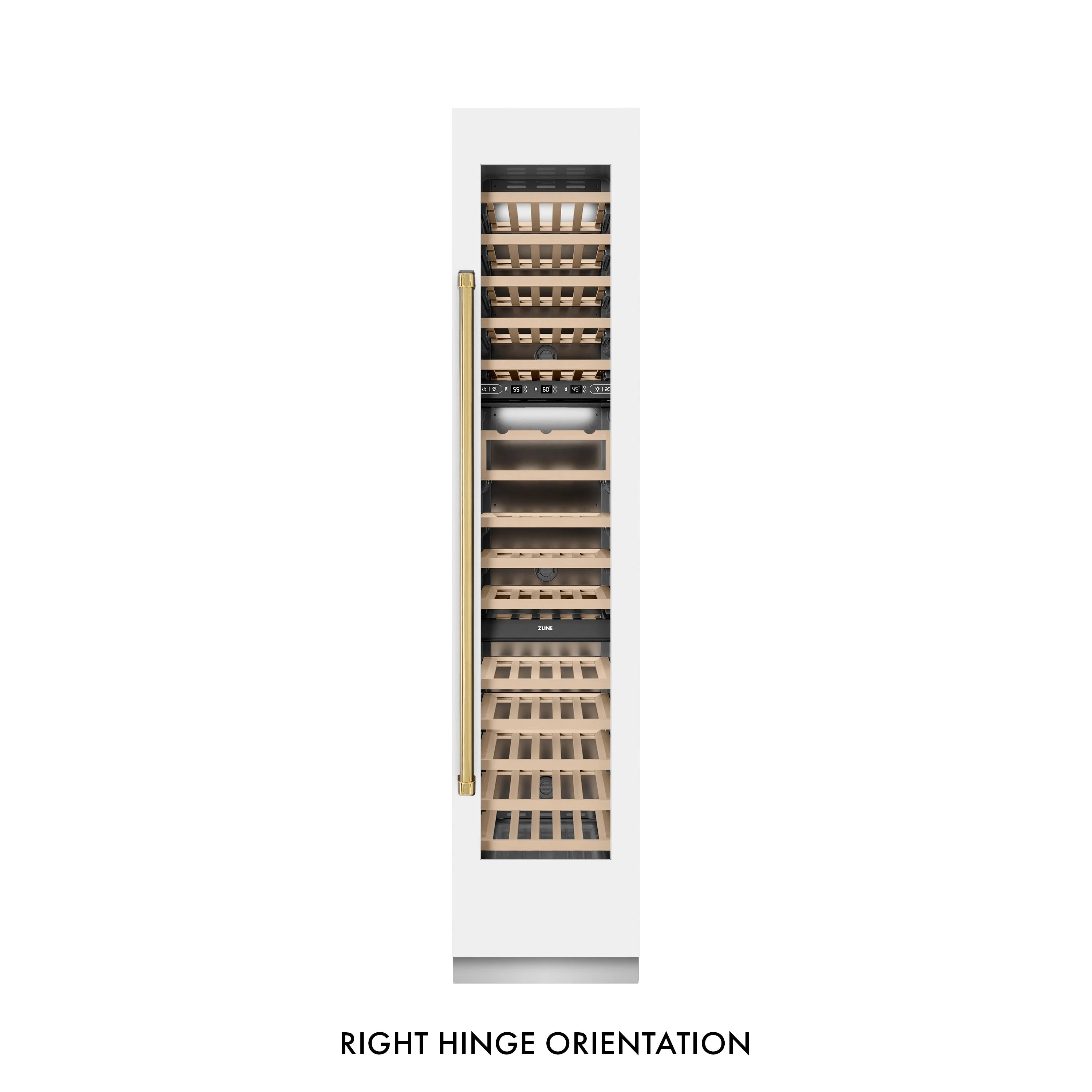White matte wine cooler with right-hinged open door and interior wooden wine racks