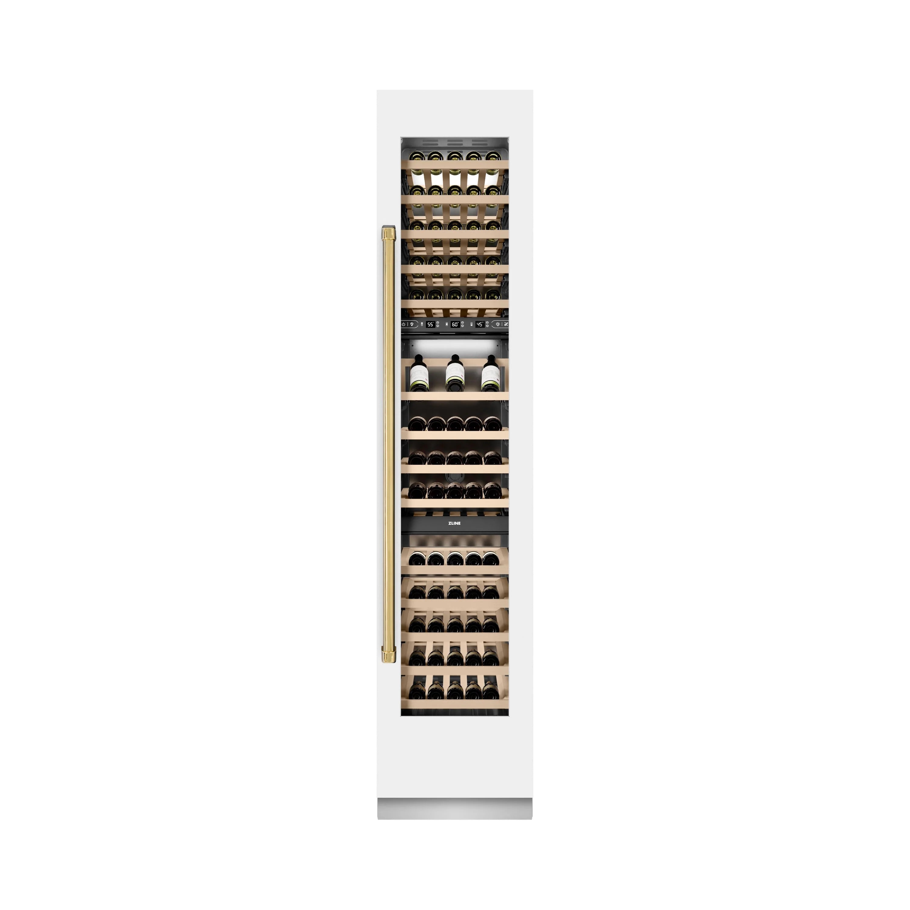 White matte wine cooler with open door, featuring stocked wooden racks and bottle slots