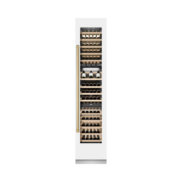 ZLINE Autograph Edition 18-Inch 9.0 Cu. Ft. Triple Zone 68 Bottle Right Hinge Column Wine Cooler in White Matte with Polished Gold Accents (RCWVRZ-WM-18-G)