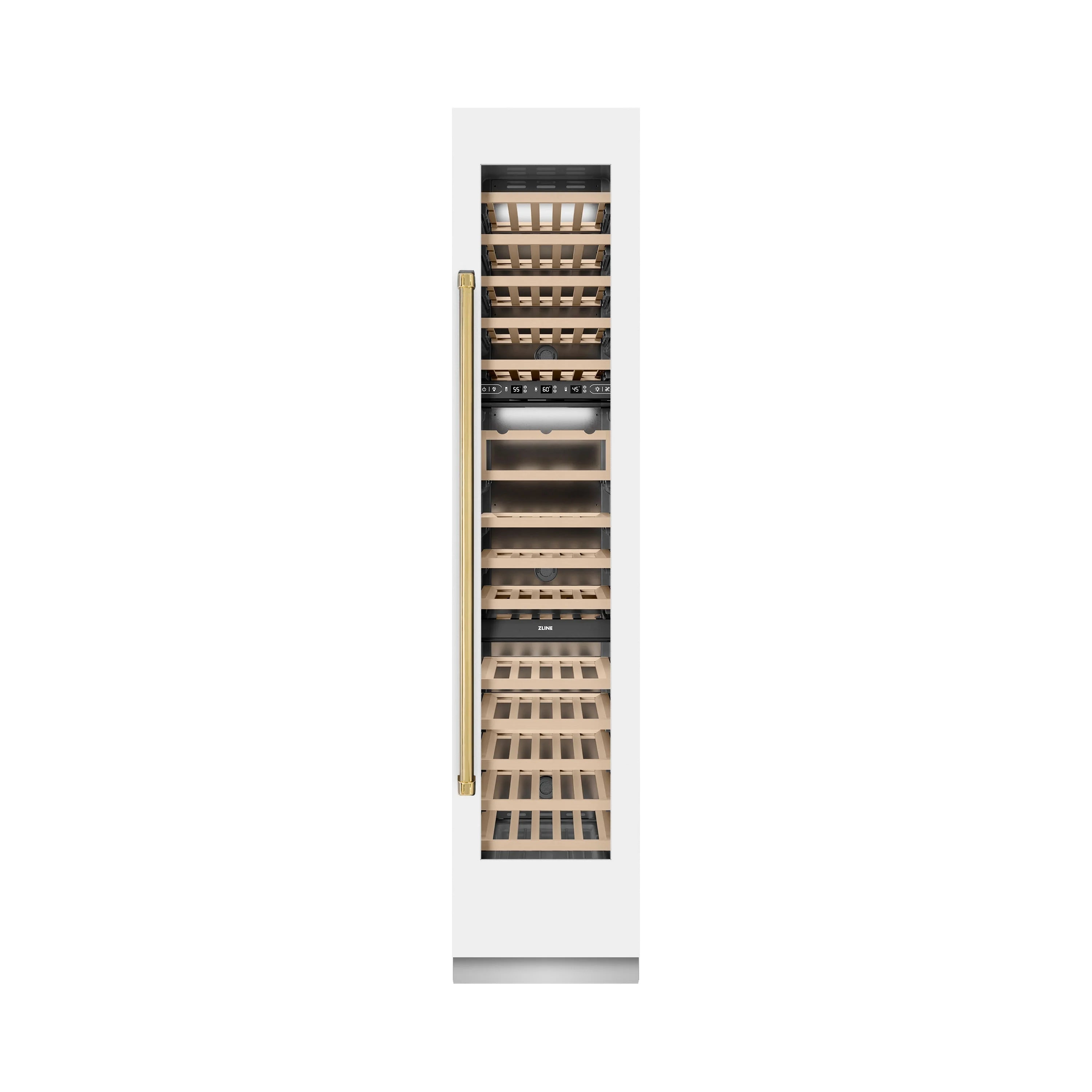 White matte wine cooler with open door showing wooden wine racks and bottle slots