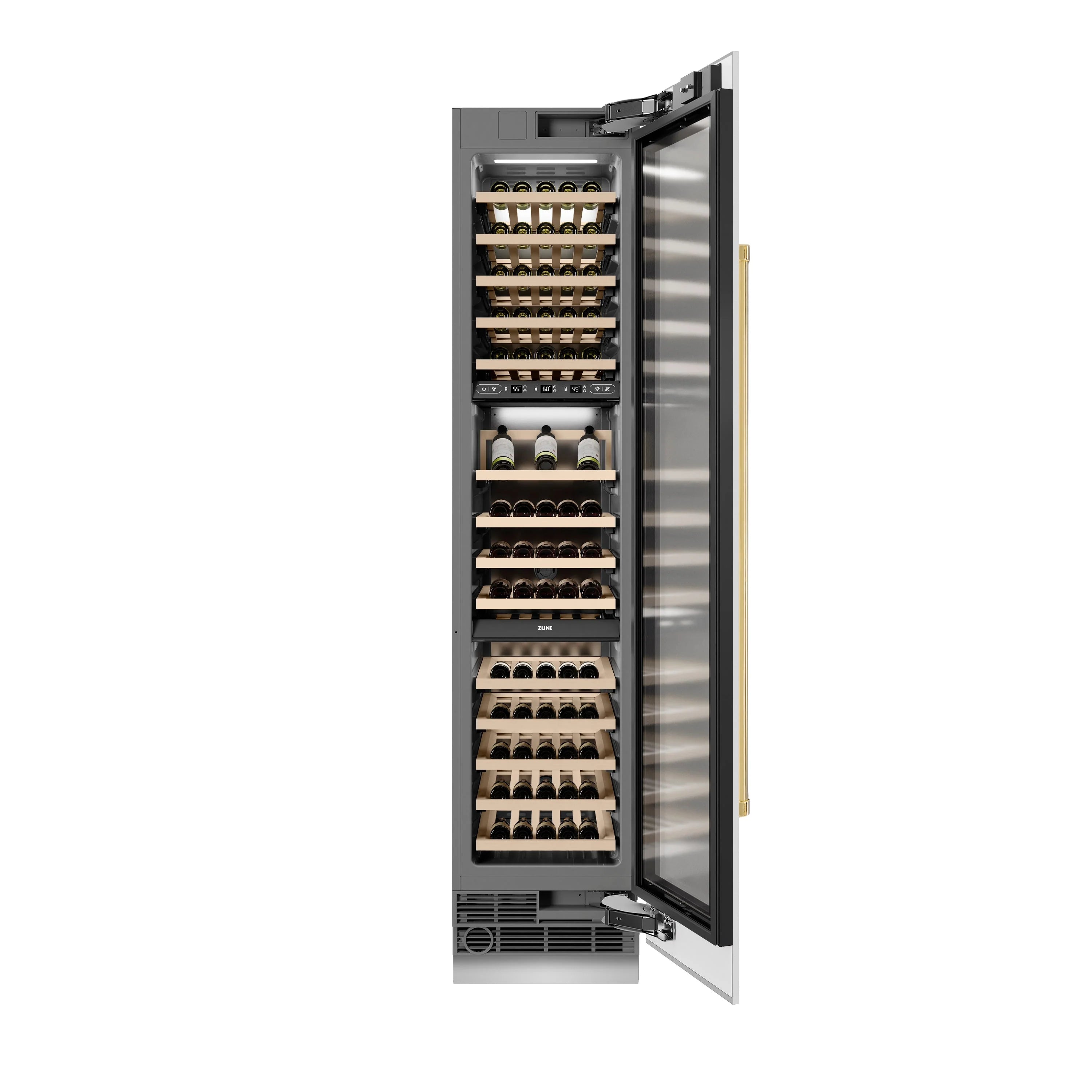 Wine cooler with open door, stocked wooden wine racks, and bottle storage on shelves