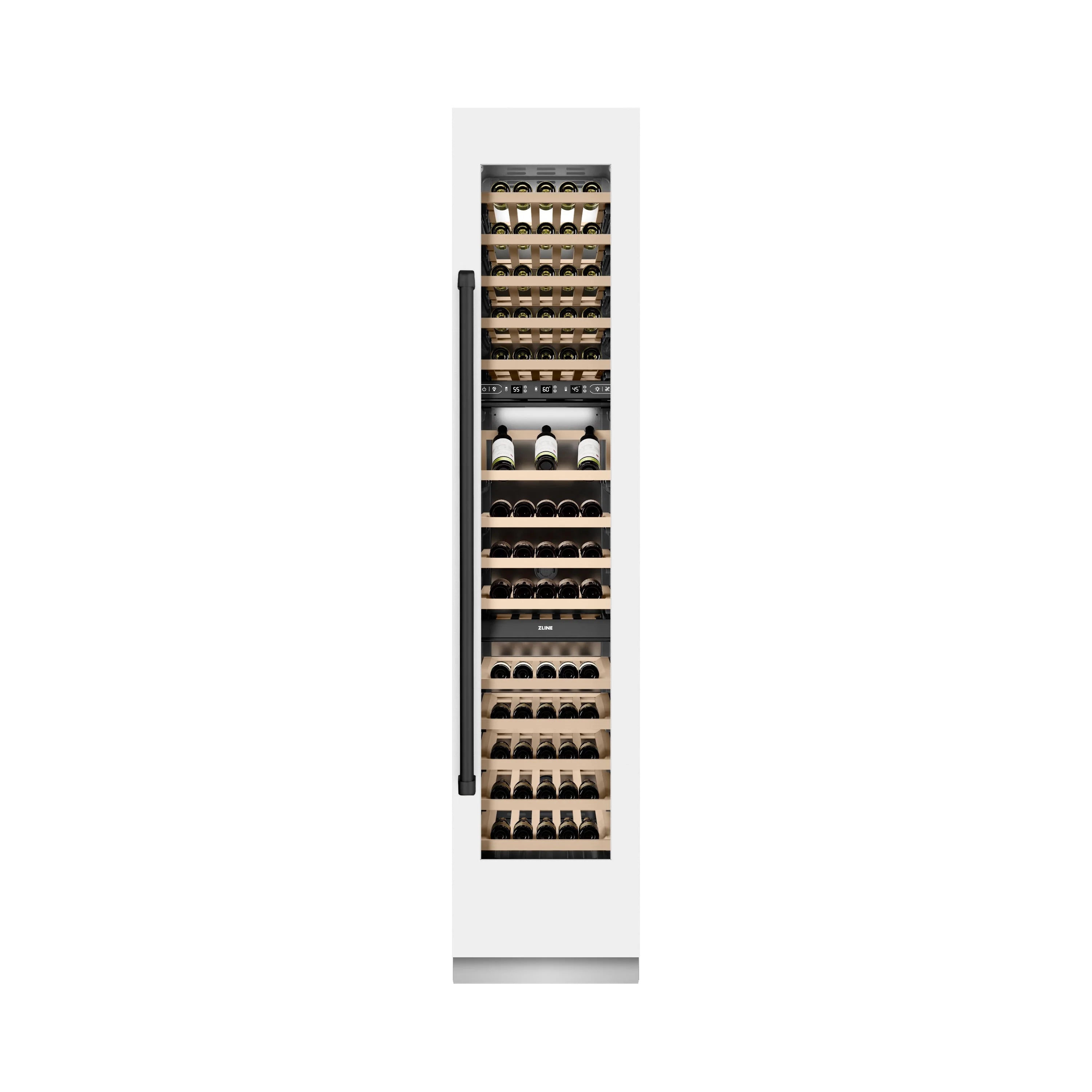 Right hinge wine cooler with handle bar and empty interior shelf racks diagram