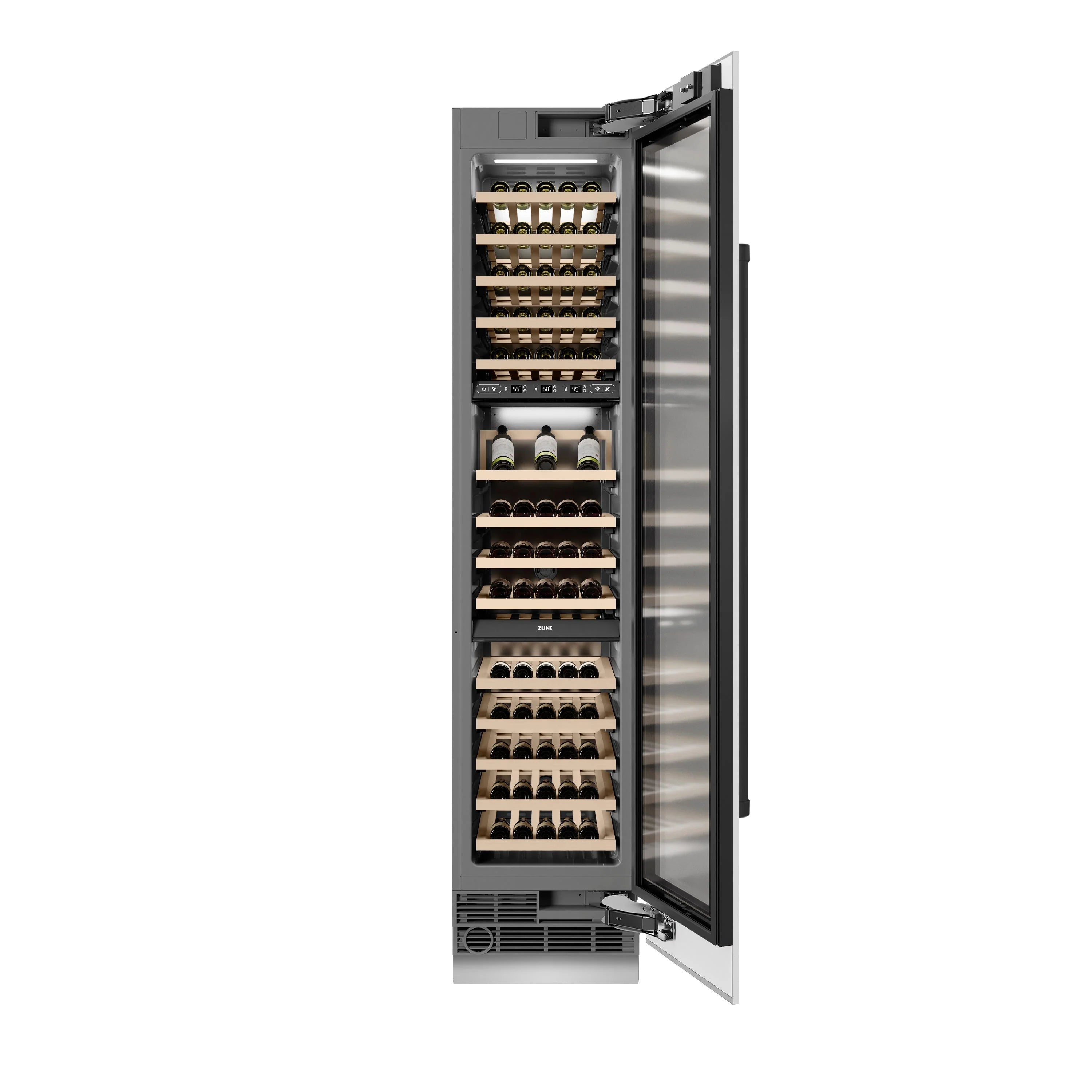 White matte column wine cooler with open door and wine bottle storage racks