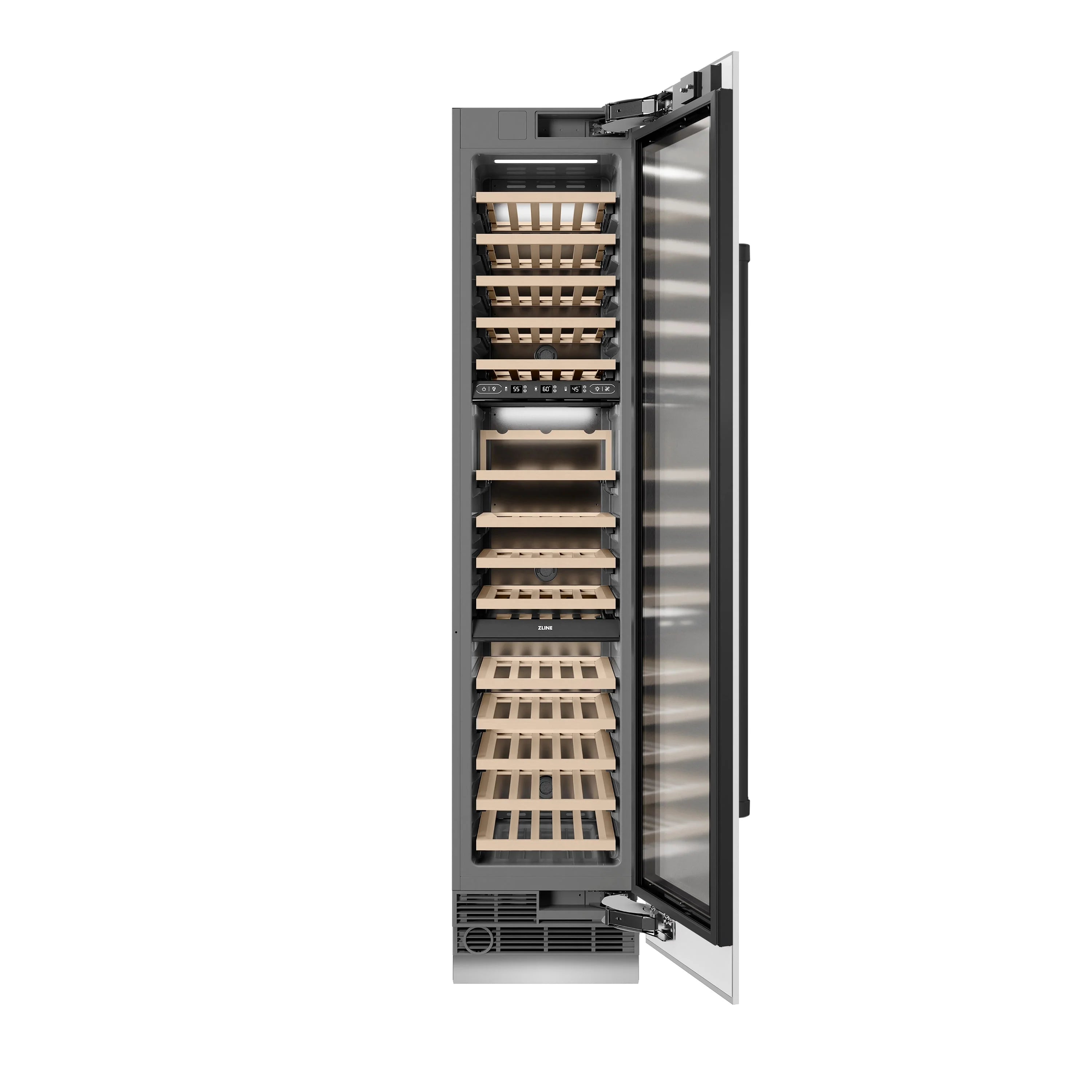 Wine cooler with open door showing birch racks, fan vent, and control area
