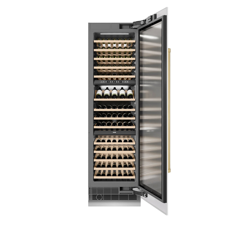 ZLINE Autograph Edition 24-Inch 12.4 Cu. Ft. Triple Zone 100 Bottle Column Wine Cooler in White Matte and Champagne Bronze Accents (RCWVZ-WM-24-CB)