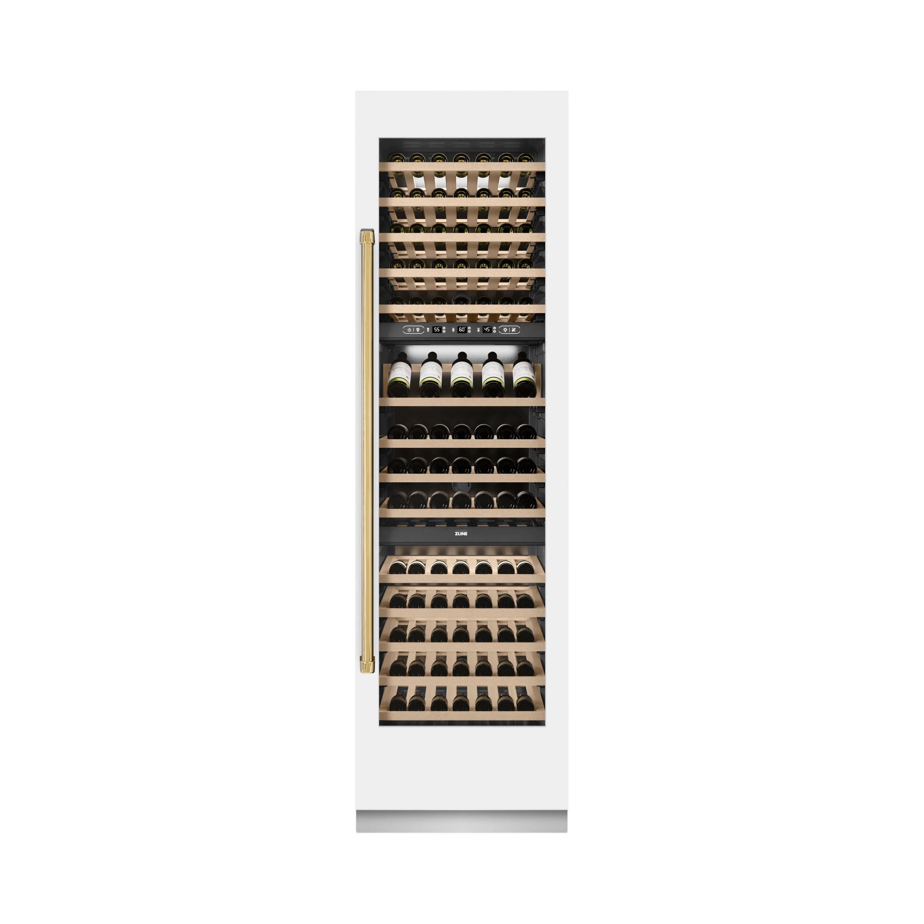 Tall wine cooler with wood racks filled with wine bottles, front view