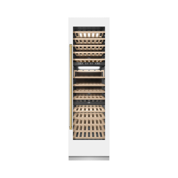 ZLINE Autograph Edition 24-Inch 12.4 Cu. Ft. Triple Zone 100 Bottle Column Wine Cooler in White Matte and Polished Gold Accents (RCWVZ-WM-24-G)