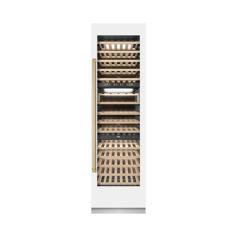 ZLINE Autograph Edition 24-Inch 12.4 Cu. Ft. Triple Zone 100 Bottle Column Wine Cooler in White Matte and Polished Gold Accents (RCWVZ-WM-24-G)