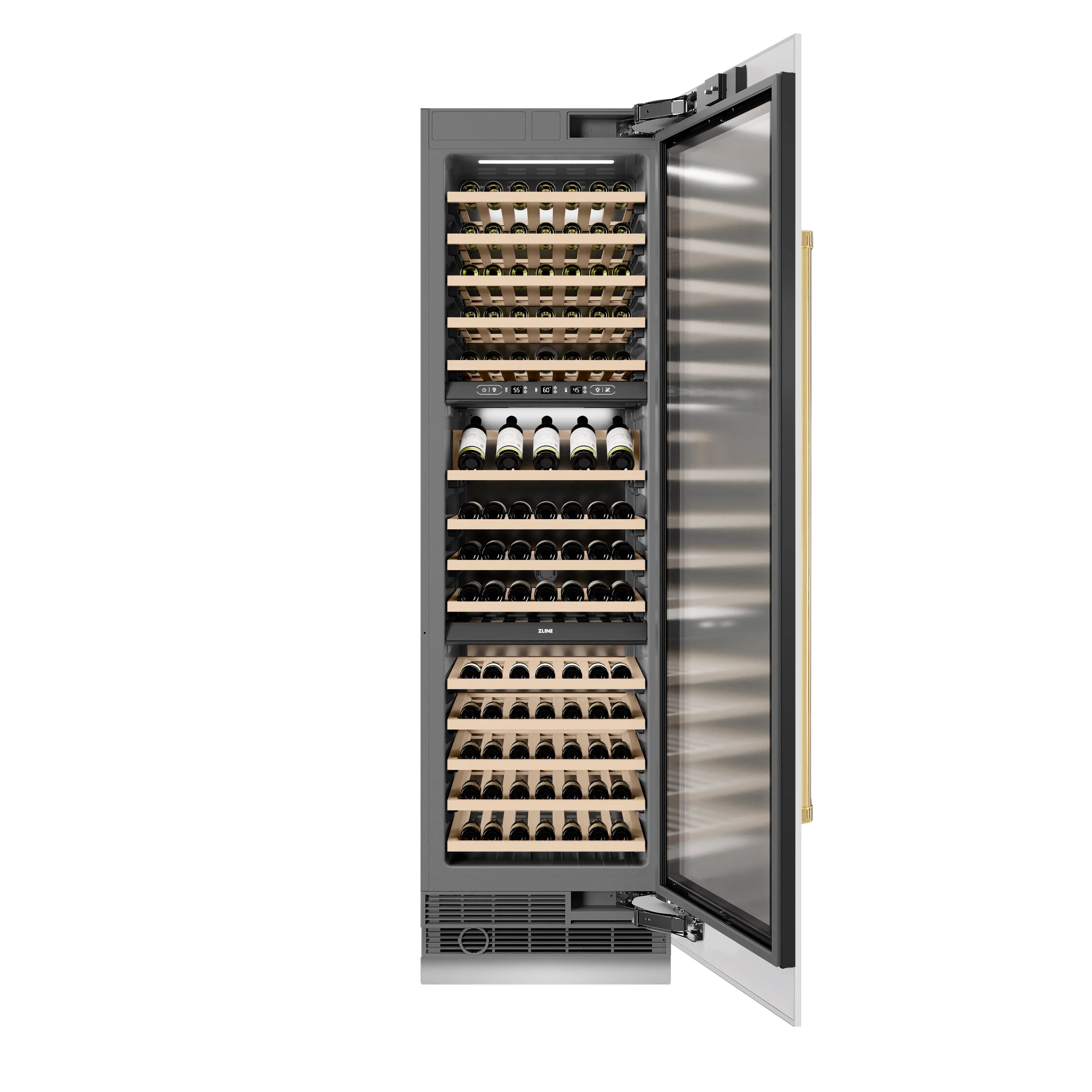 Wine cooler door open, revealing wood racks with wine bottles in side view