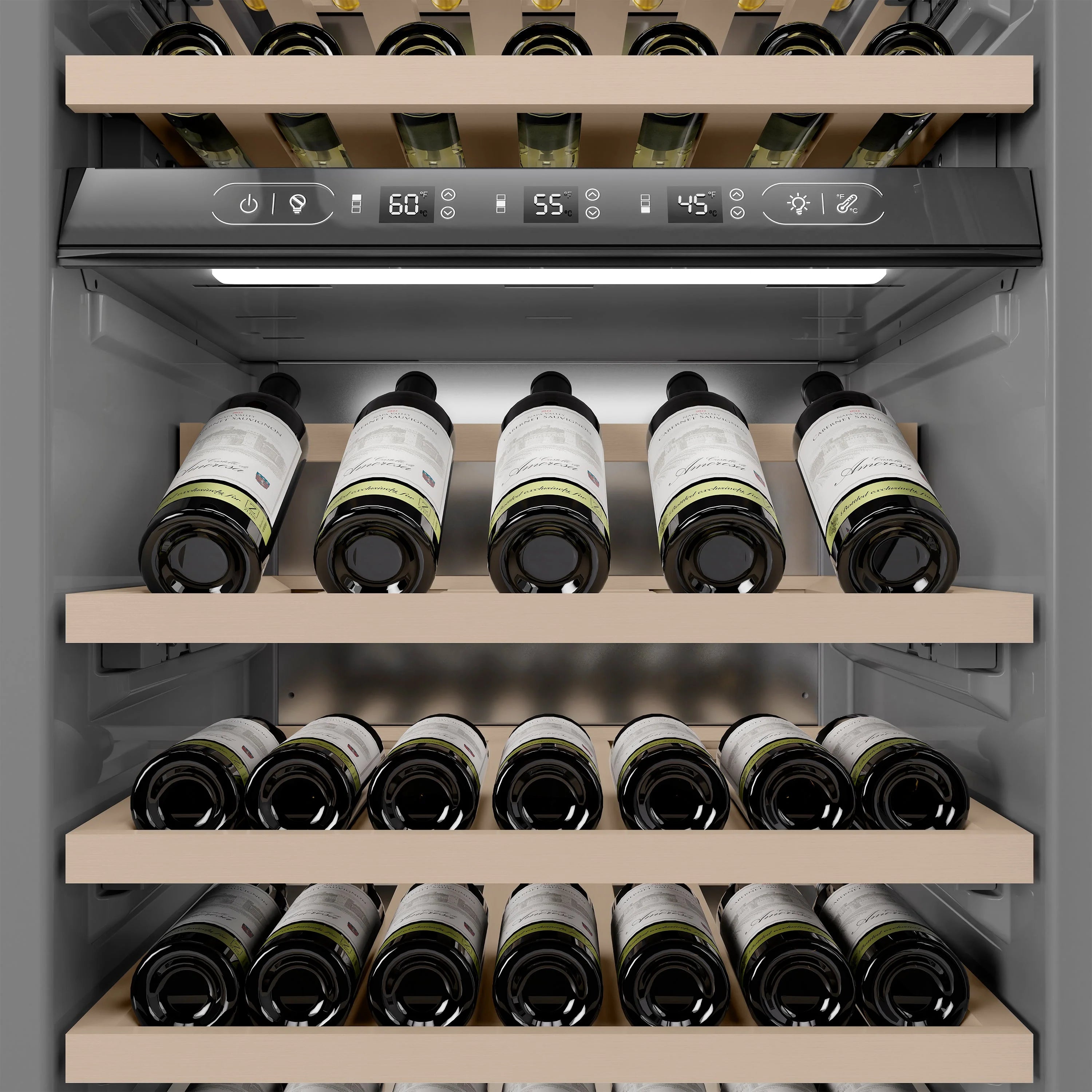 White wine cooler with interior lights and multiple shelves holding wine bottles
