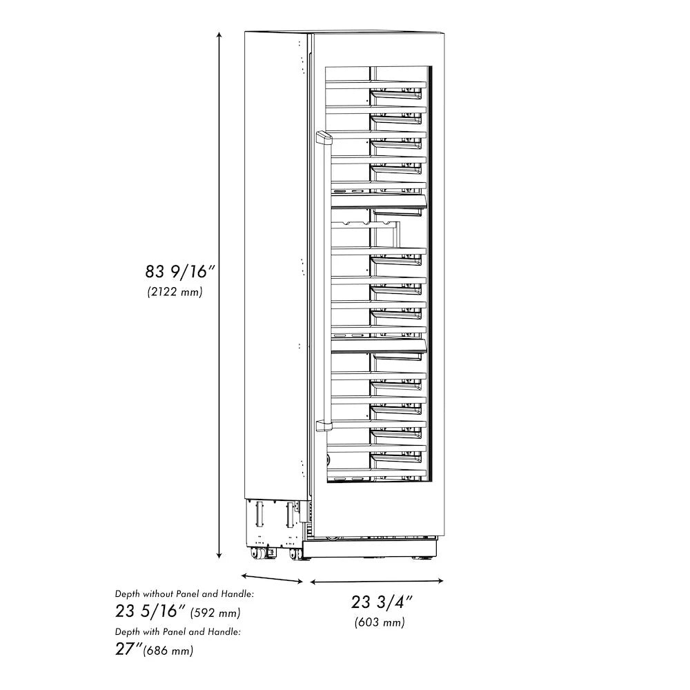 Wine cooler dimensions diagram with height, width, and depth measurements