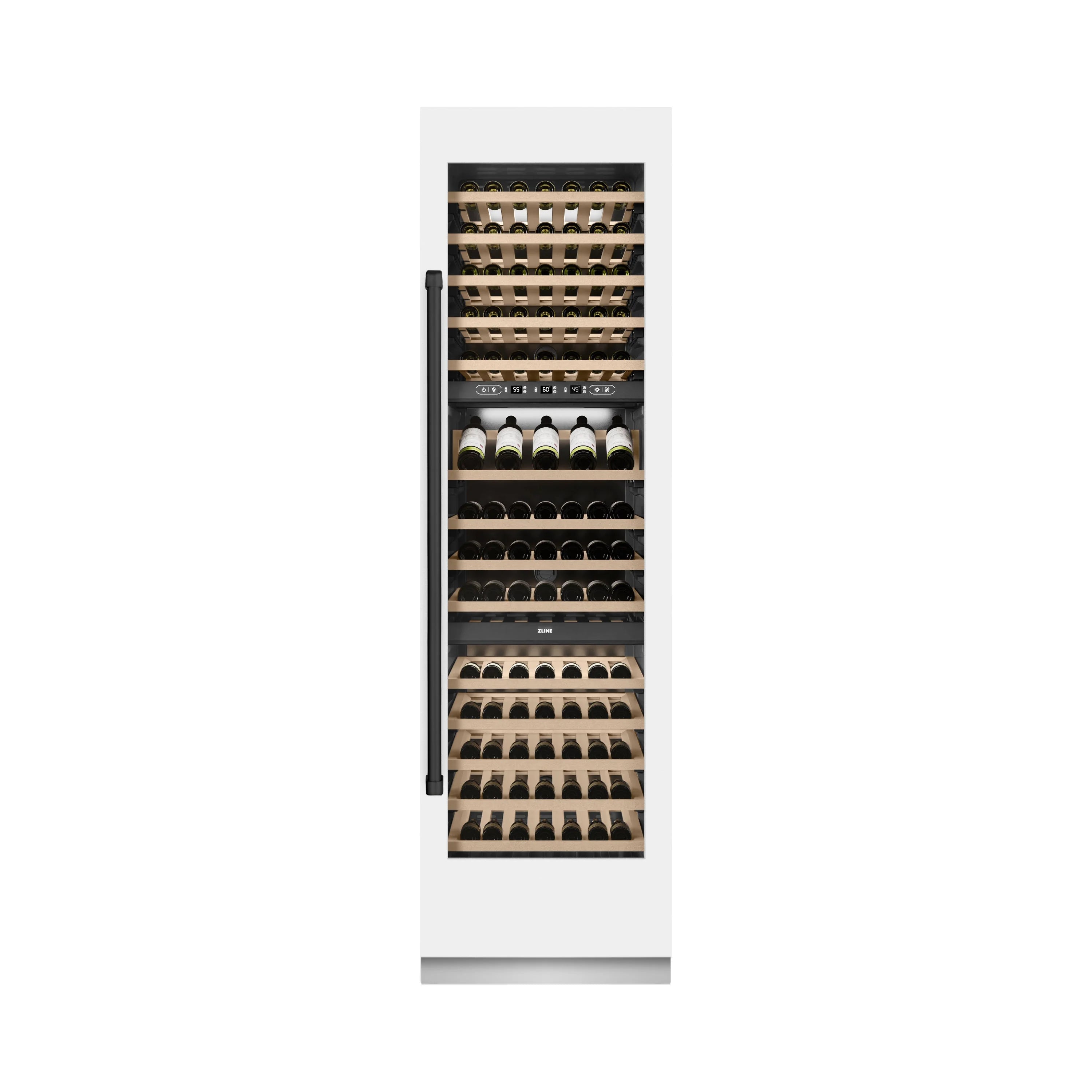 Tall white wine cooler with bottles stored on pull-out wooden racks