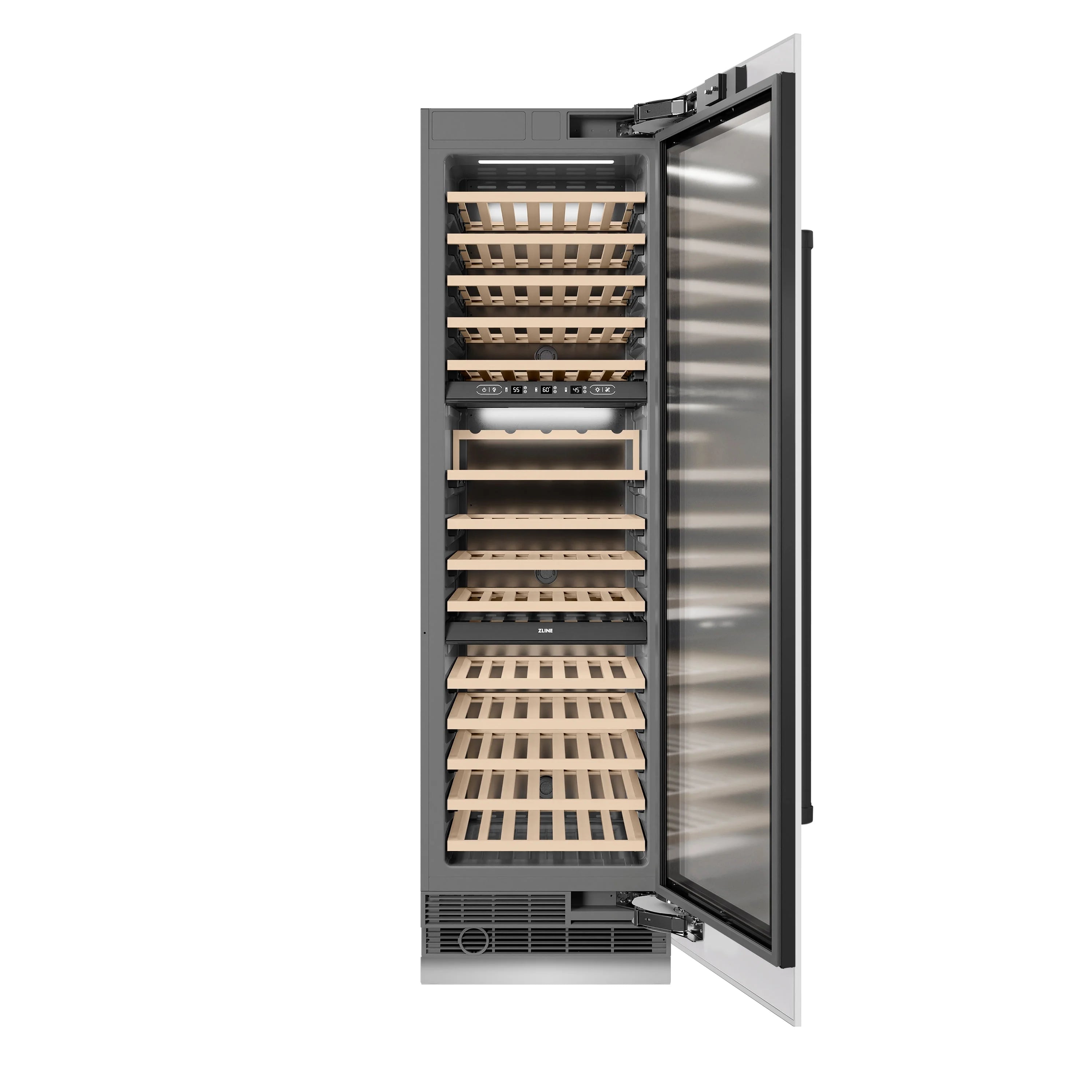 Wine cooler open side view with wooden racks and metal base vent