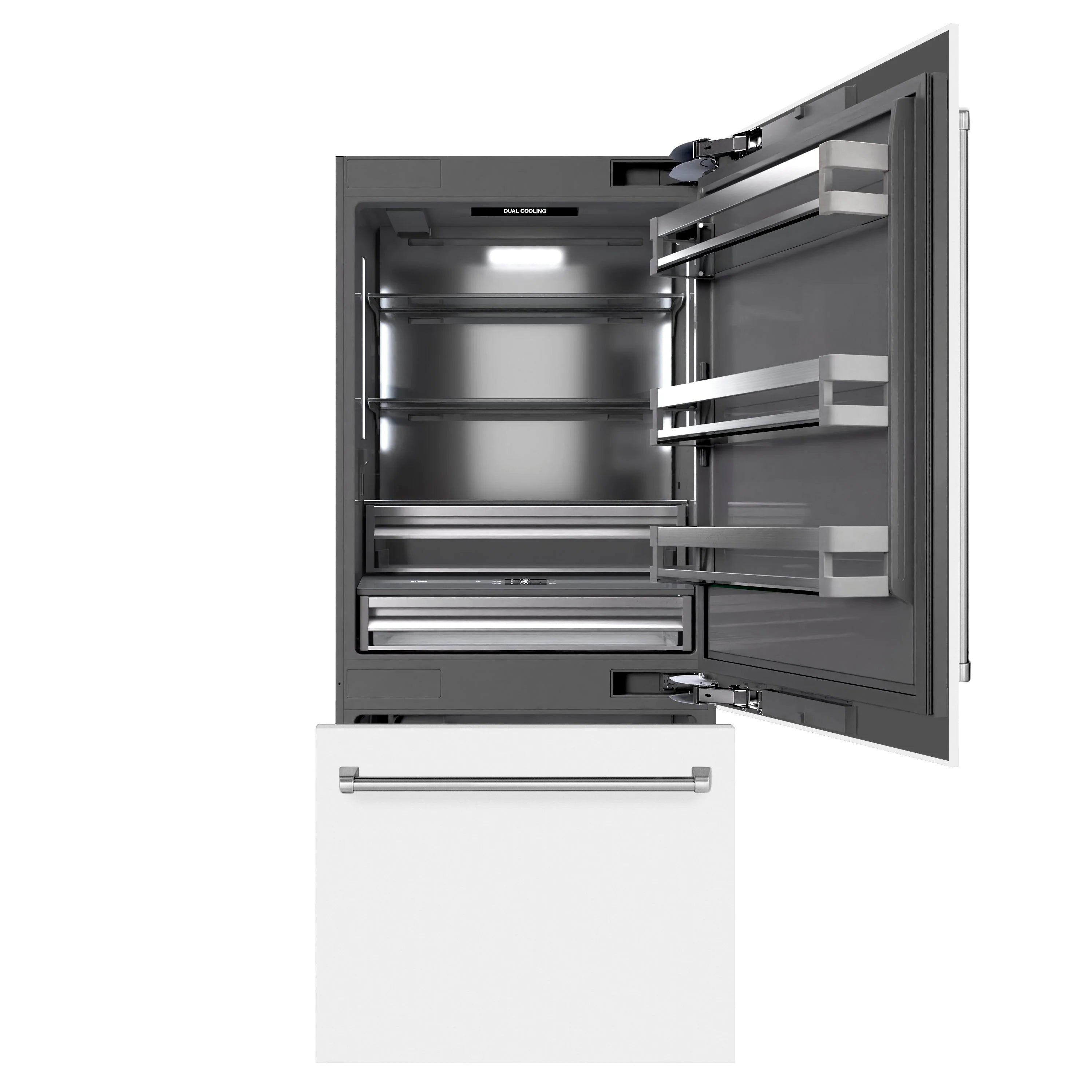ZLINE built-in bottom freezer refrigerator, white exterior with open freezer door and shelves