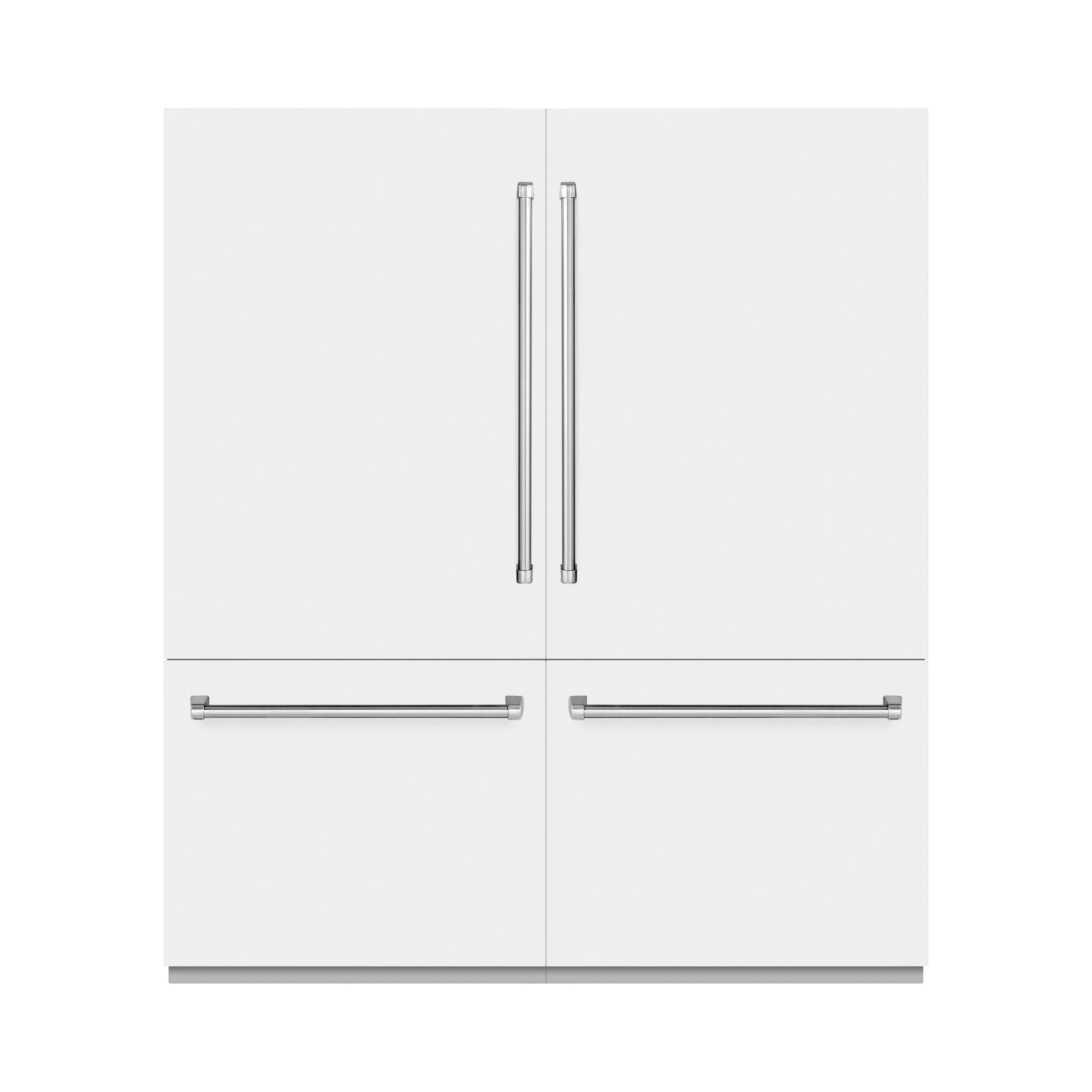 Built-in French door bottom freezer refrigerator, matte white exterior with stainless handles