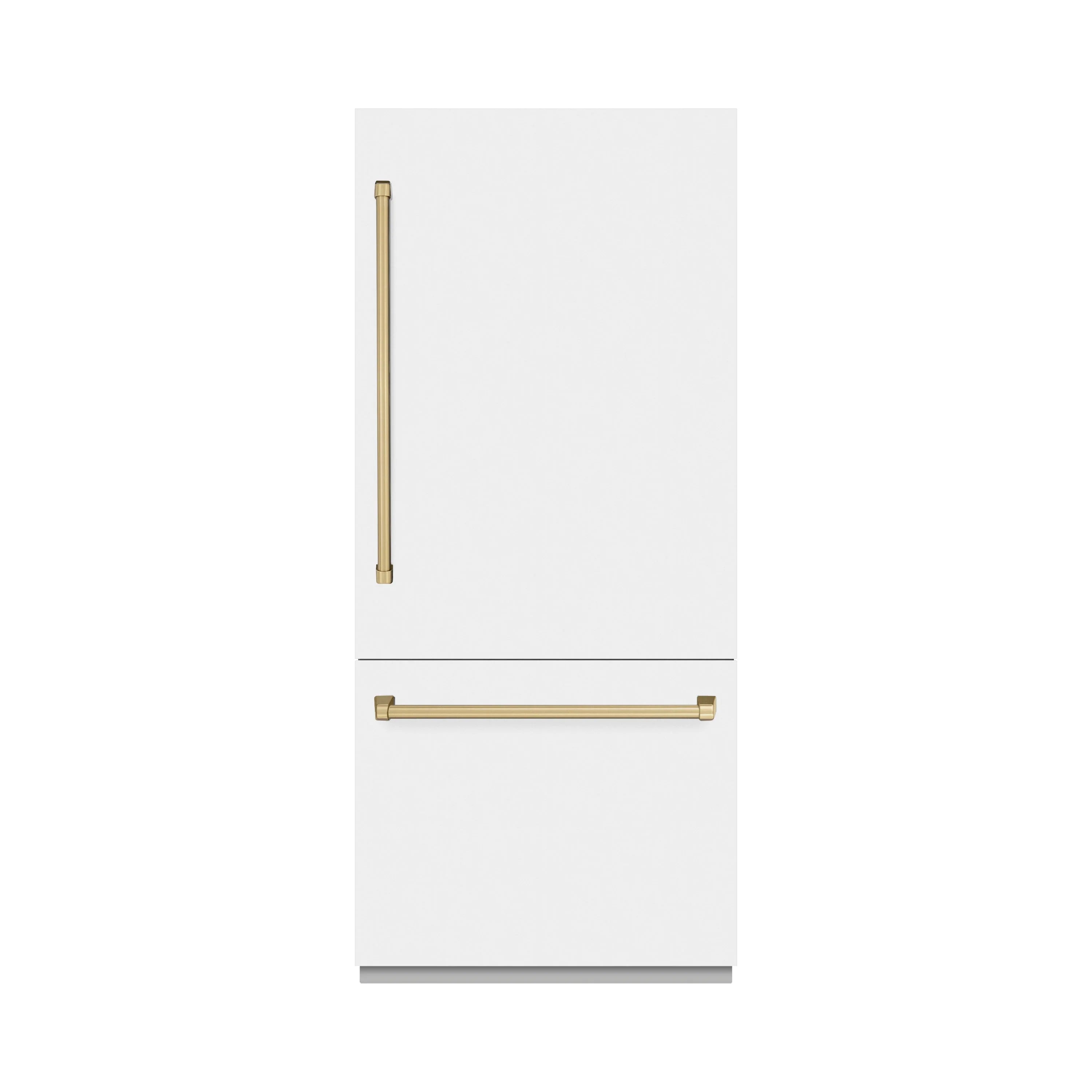 White bottom freezer refrigerator door with gold handles and pull bar