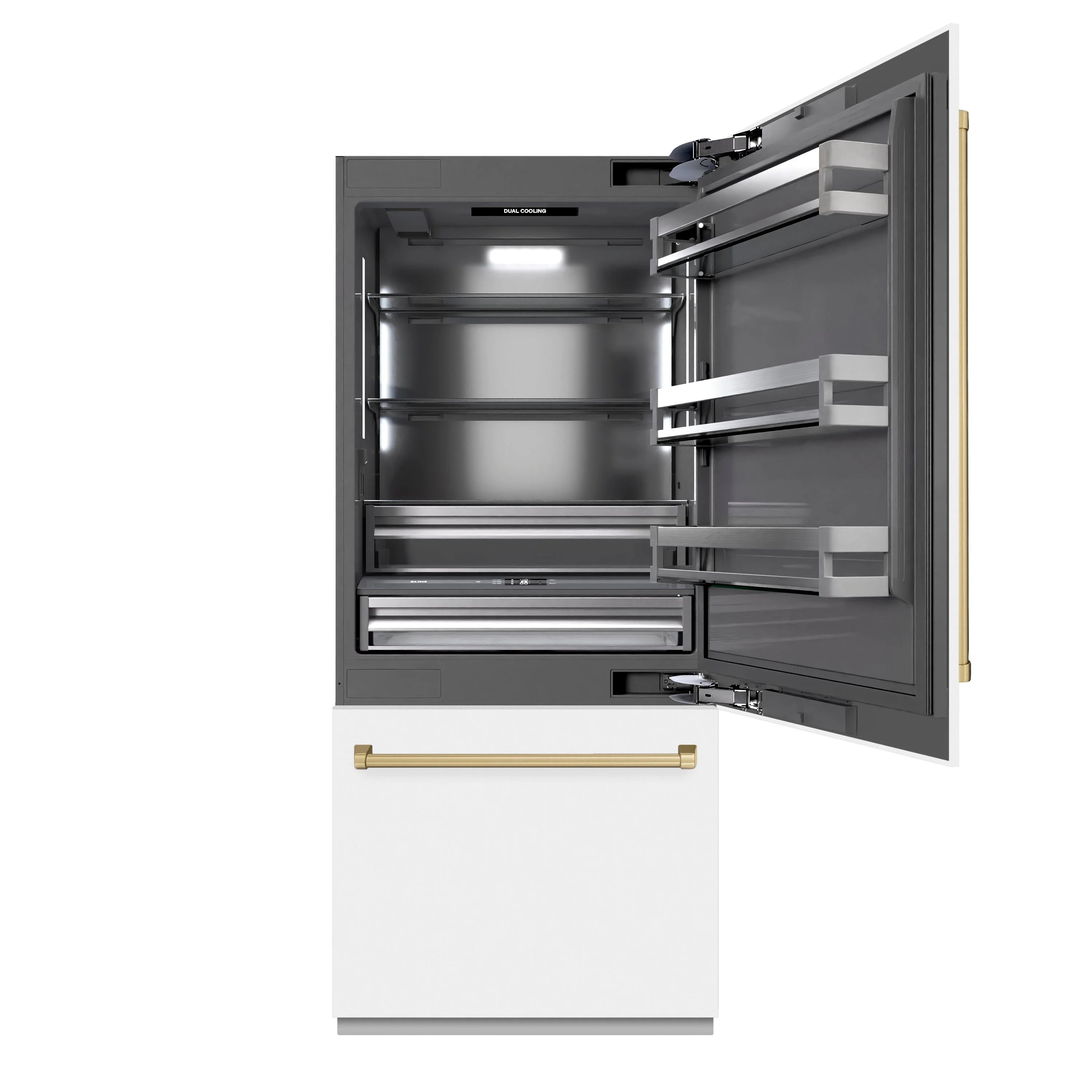 Bottom freezer refrigerator with doors open, interior shelves and gold handle accents