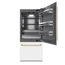ZLINE Autograph Edition 36-Inch 19.8 Cu. Ft. Built-In Bottom Freezer Refrigerator with Water Dispenser and Ice Maker in White Matte with Graphite Gray Interior and Champagne Bronze Accents (GRBITZ-WM-36-CB)