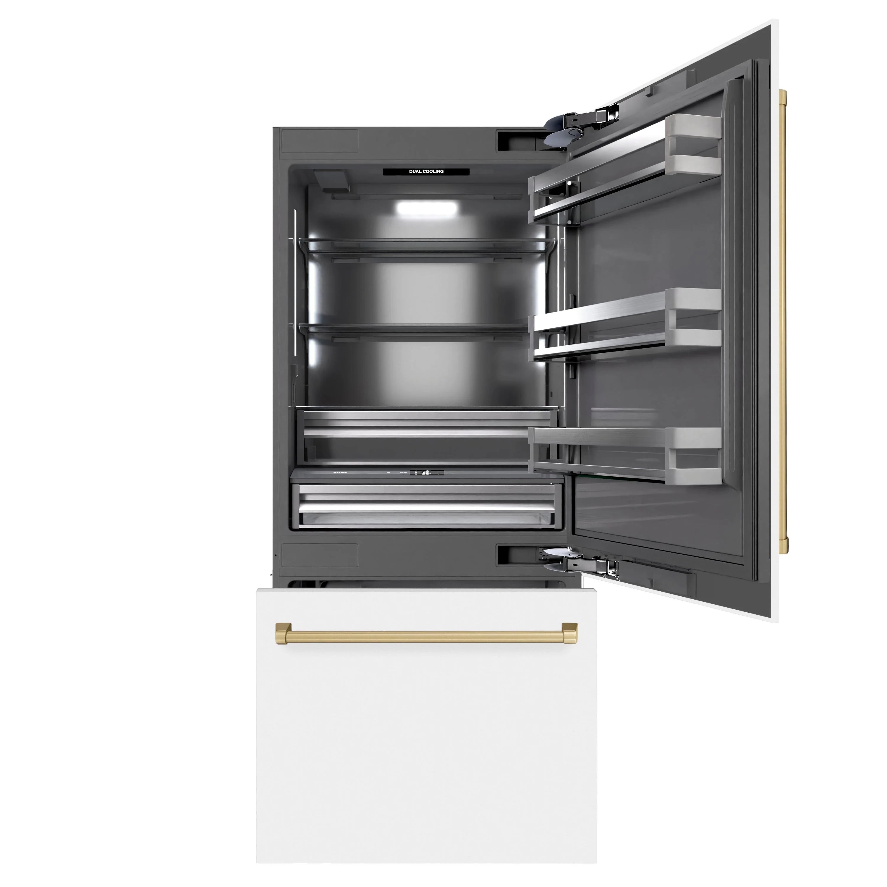 Built-in refrigerator with both doors open, stainless shelves and gold handles
