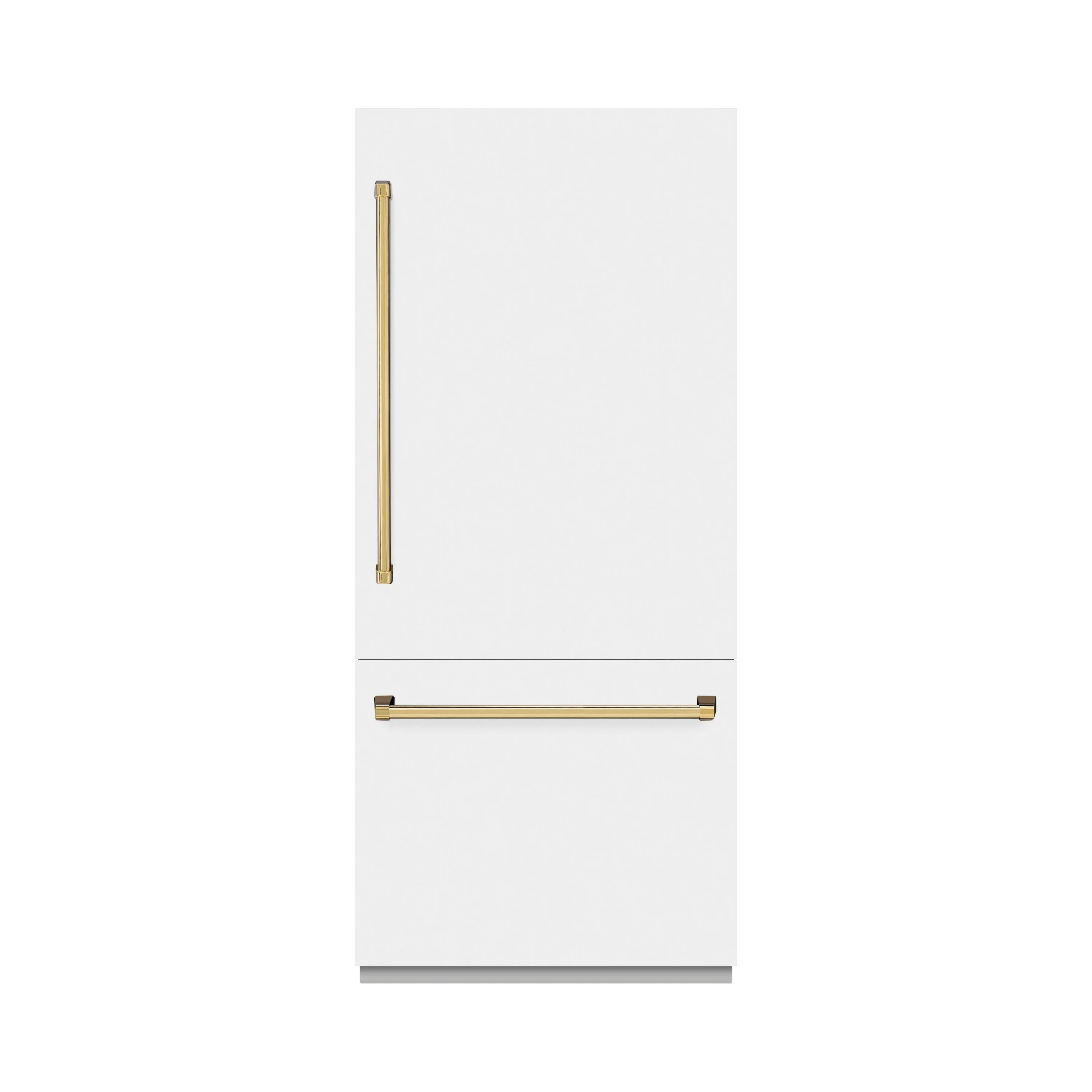 White matte bottom freezer refrigerator with gold bar handle and lower drawer