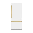 ZLINE Autograph Edition 36-Inch 19.8 Cu. Ft. Built-In Bottom Freezer Refrigerator with Water Dispenser and Ice Maker in White Matte with Graphite Gray Interior and Polished Gold Accents (GRBITZ-WM-36-G)